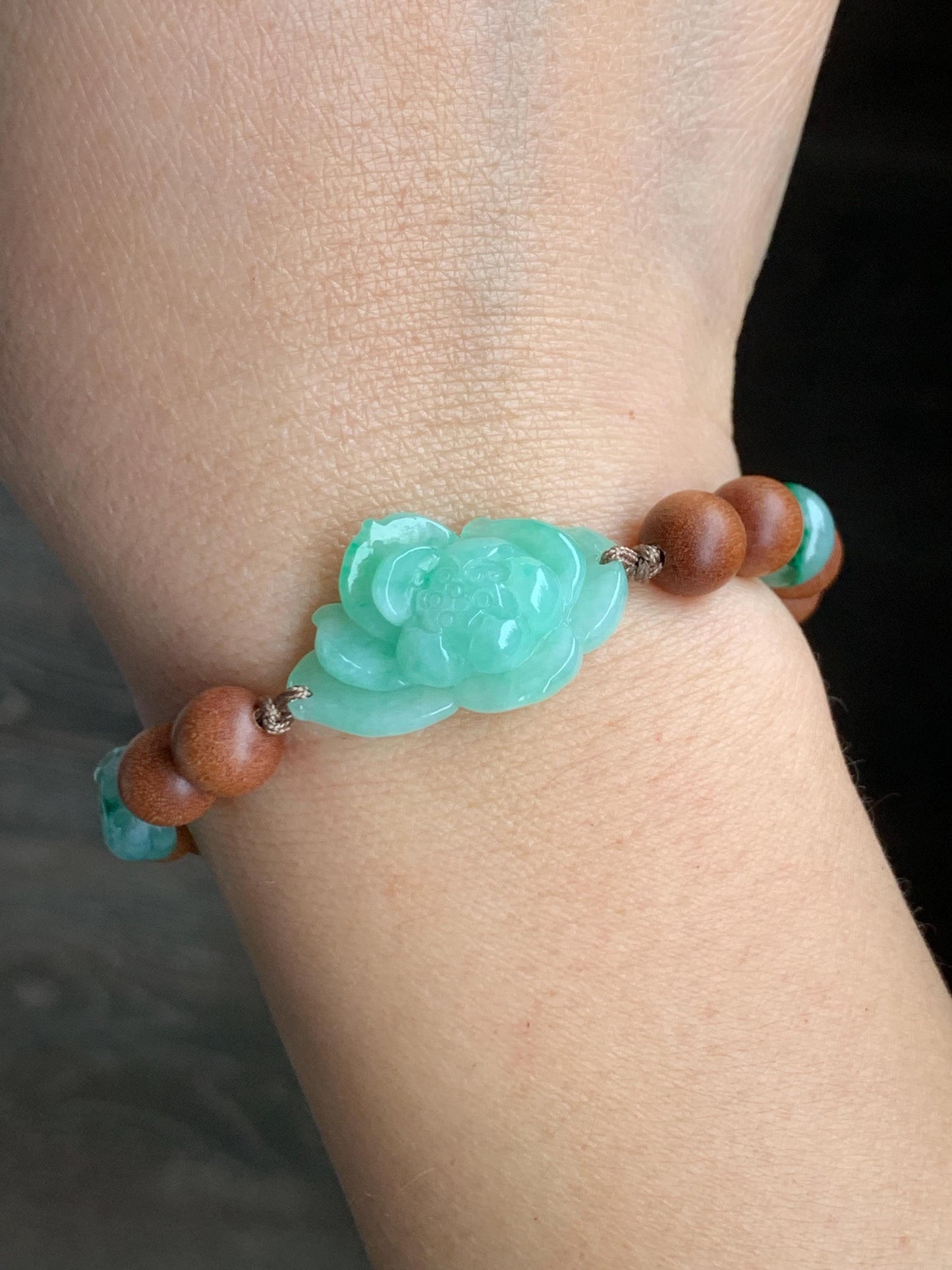 Natural Grade A Icy Translucent Apple Green Jadeite Lotus Flower Donut Rabbit Charm Wood Beads Beaded Bracelet