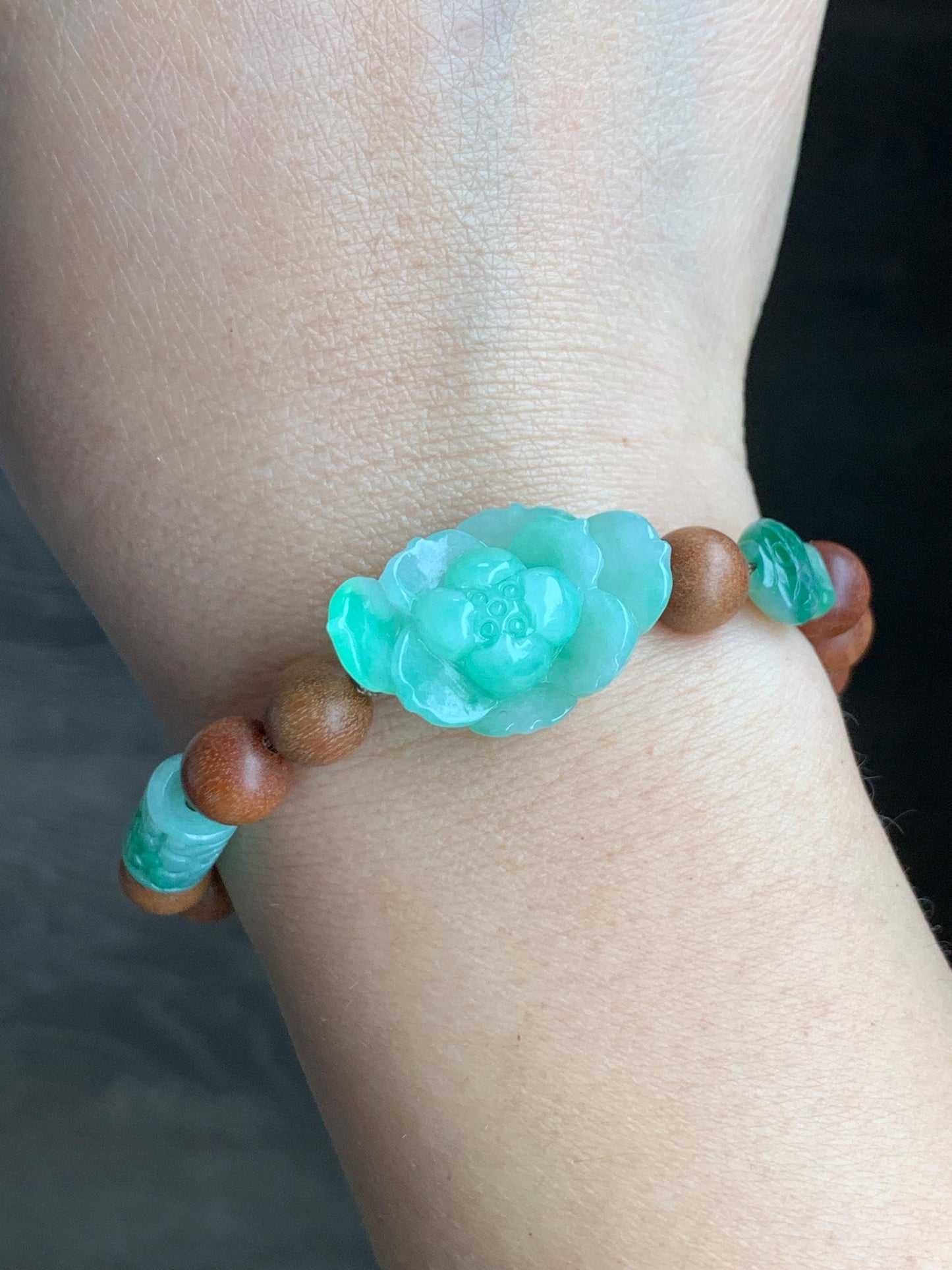 Natural Grade A Icy Translucent Apple Green Jadeite Lotus Flower Barrel Bead Fish Charm Wood Beads Beaded Bracelet