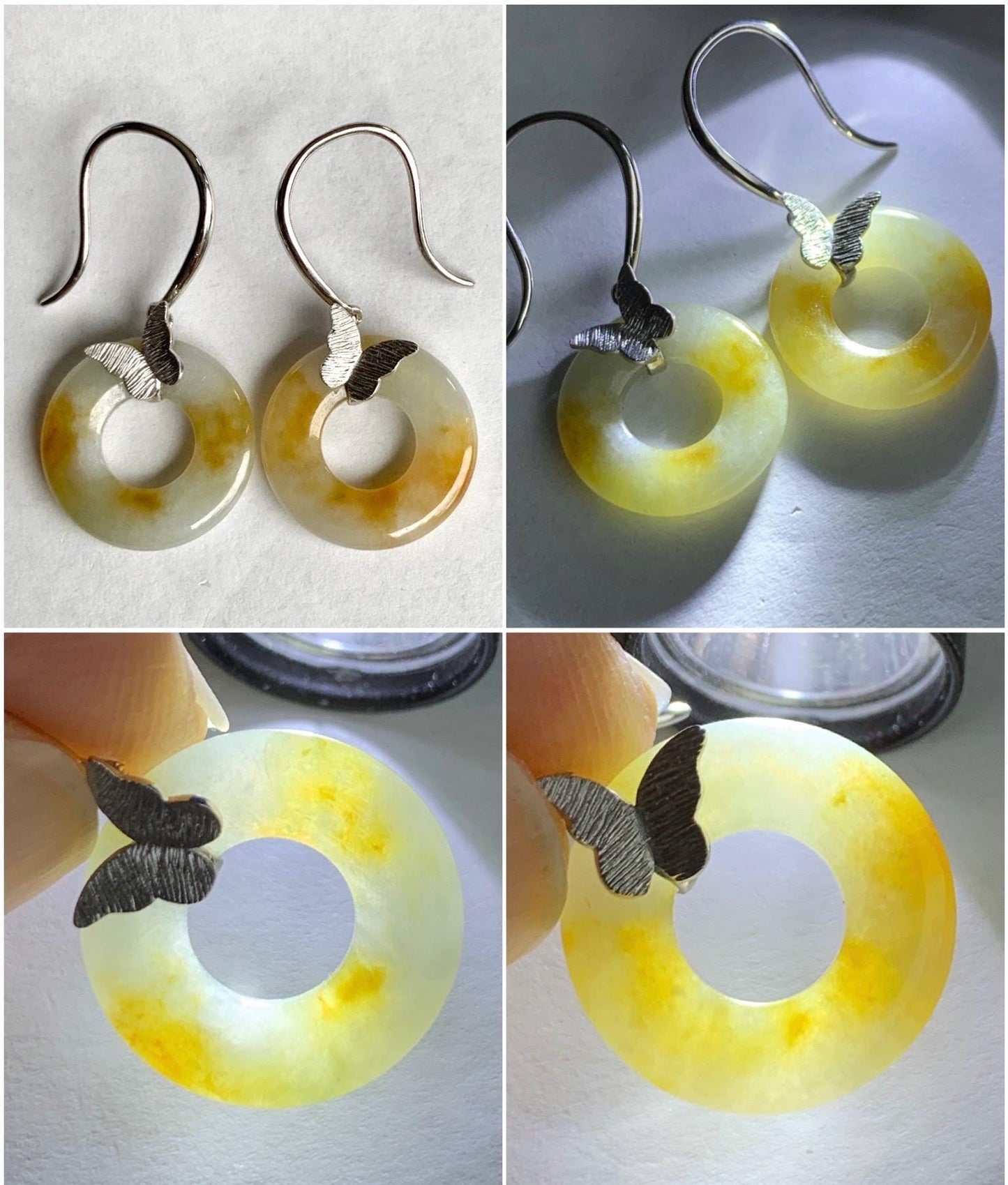 Certified Natural Icy Translucent Beige Yellow Marbled Jadeite Ping An Kou Donut Dangle Earrings Sterling Silver