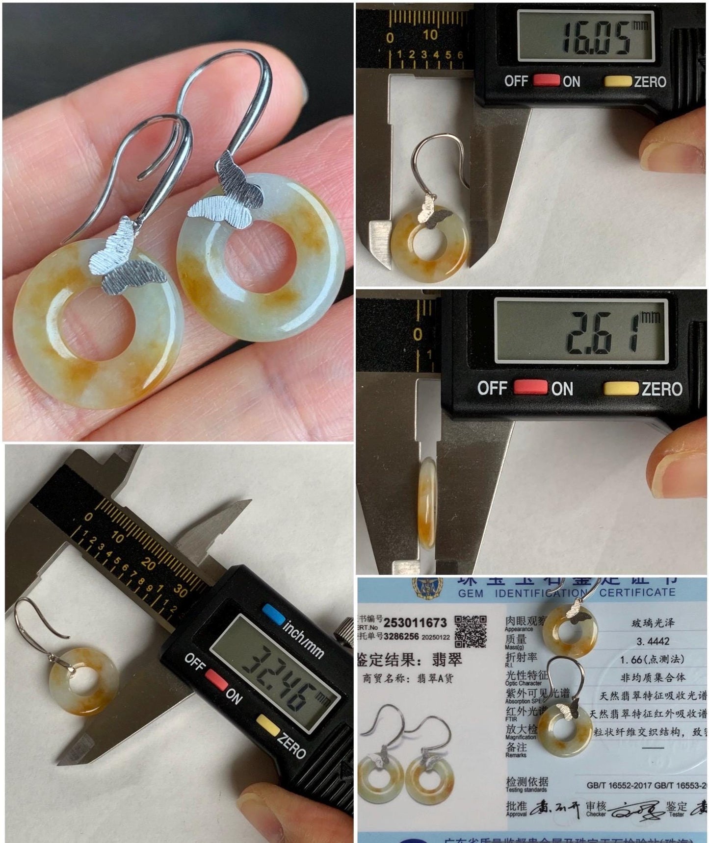 Certified Natural Icy Translucent Beige Yellow Marbled Jadeite Ping An Kou Donut Dangle Earrings Sterling Silver 3.44g 天然糯冰撒金翡翠平安扣银镶耳钩 1673