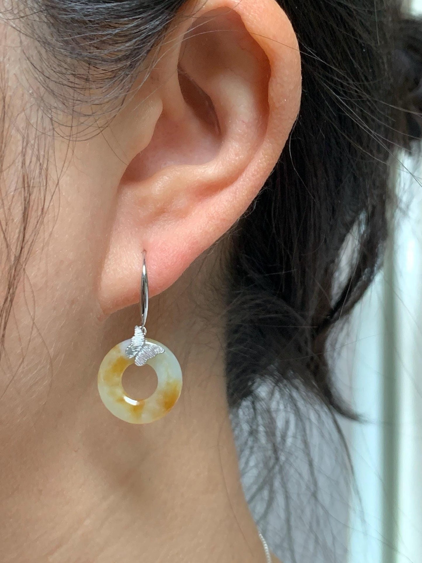 Certified Natural Icy Translucent Beige Yellow Marbled Jadeite Ping An Kou Donut Dangle Earrings Sterling Silver
