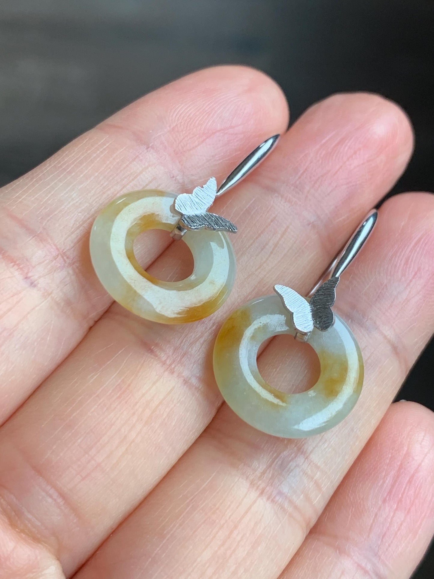 Certified Natural Icy Translucent Beige Yellow Marbled Jadeite Ping An Kou Donut Dangle Earrings Sterling Silver 3.44g 天然糯冰撒金翡翠平安扣银镶耳钩 1673