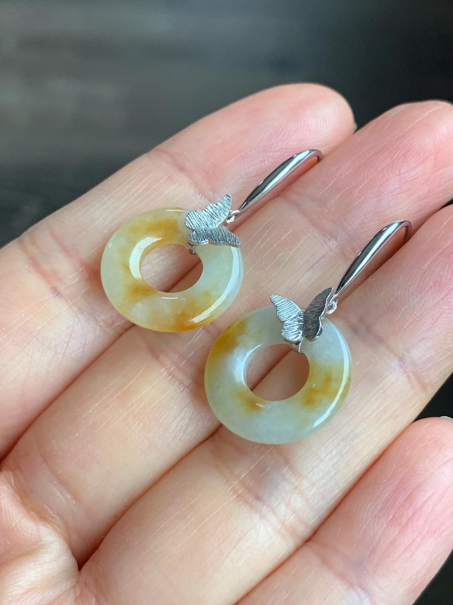 Certified Natural Icy Translucent Beige Yellow Marbled Jadeite Ping An Kou Donut Dangle Earrings Sterling Silver 3.44g 天然糯冰撒金翡翠平安扣银镶耳钩 1673