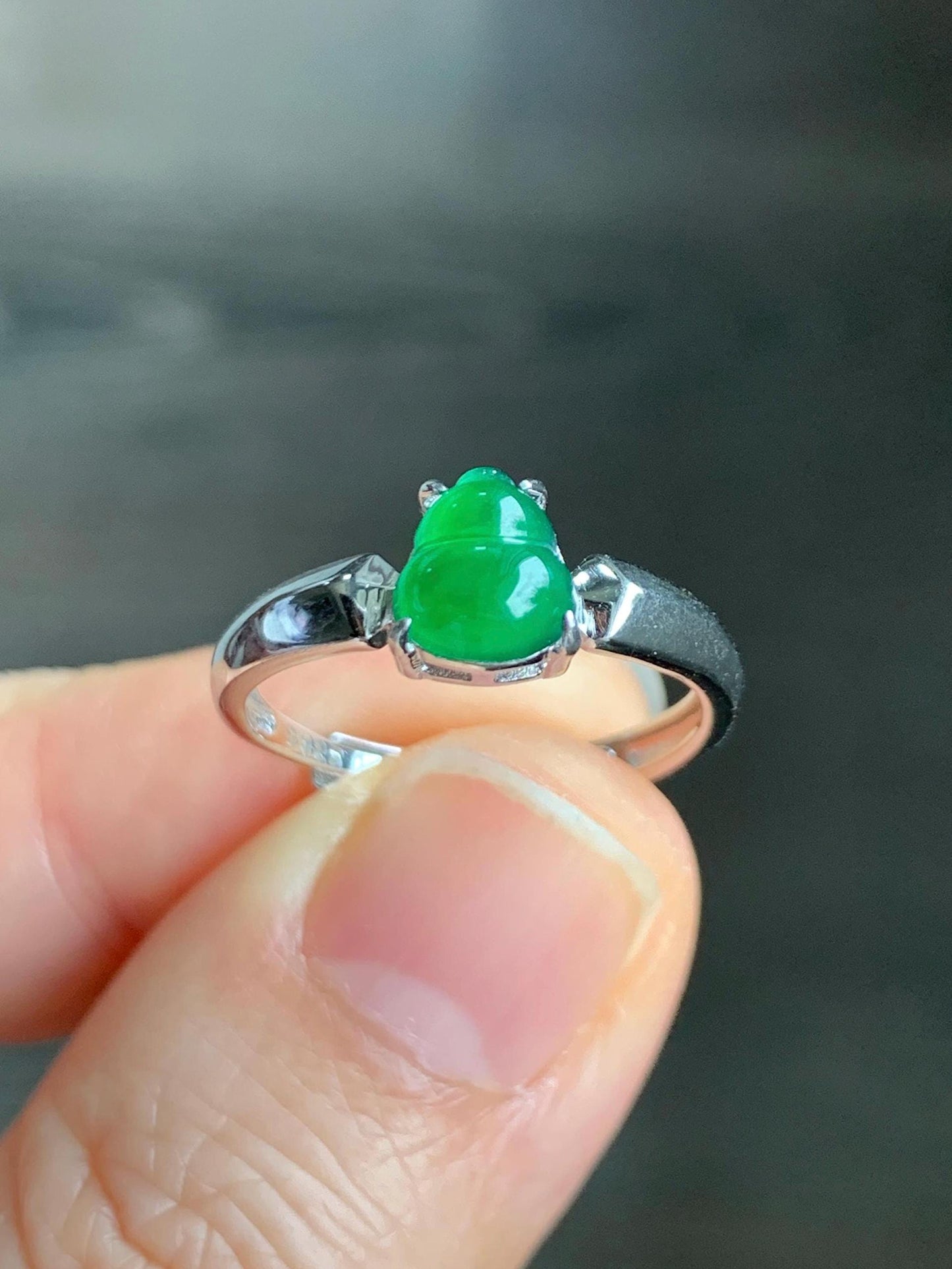 Natural Guatemalan Icy Translucent Vibrant Green Jadeite Gourd Hulu Solitaire Ring Sterling Silver Size 7 Adjustable