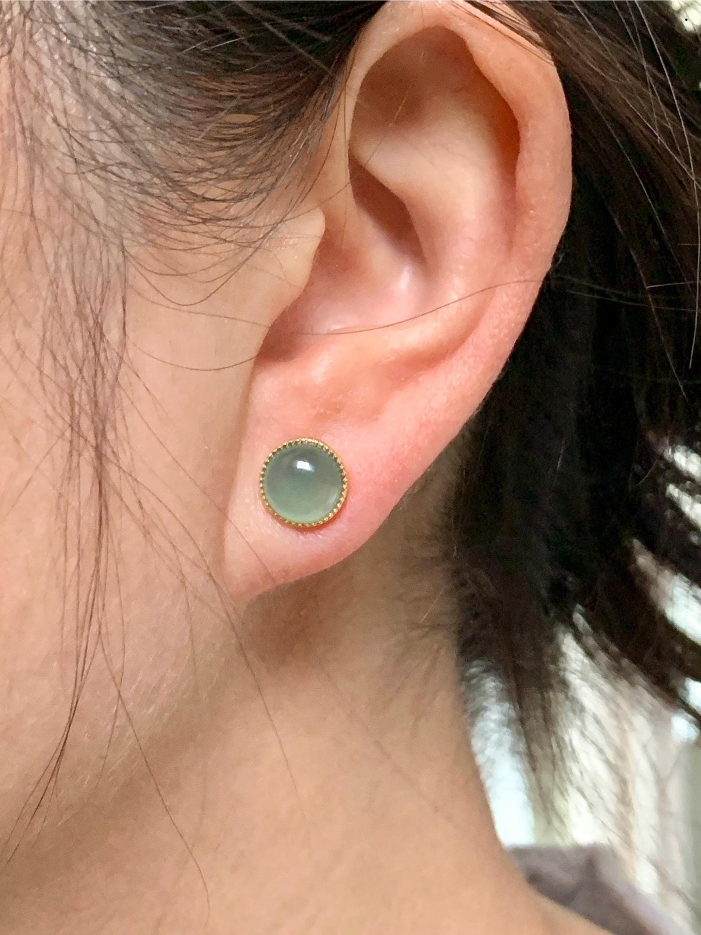 Natural Guatemalan Icy Highly Translucent Light Teal Green Jadeite Round Stud Earrings Sterling Silver Yellow Gold Finish 天然冰危浅绿翡翠蛋面银镶耳钉
