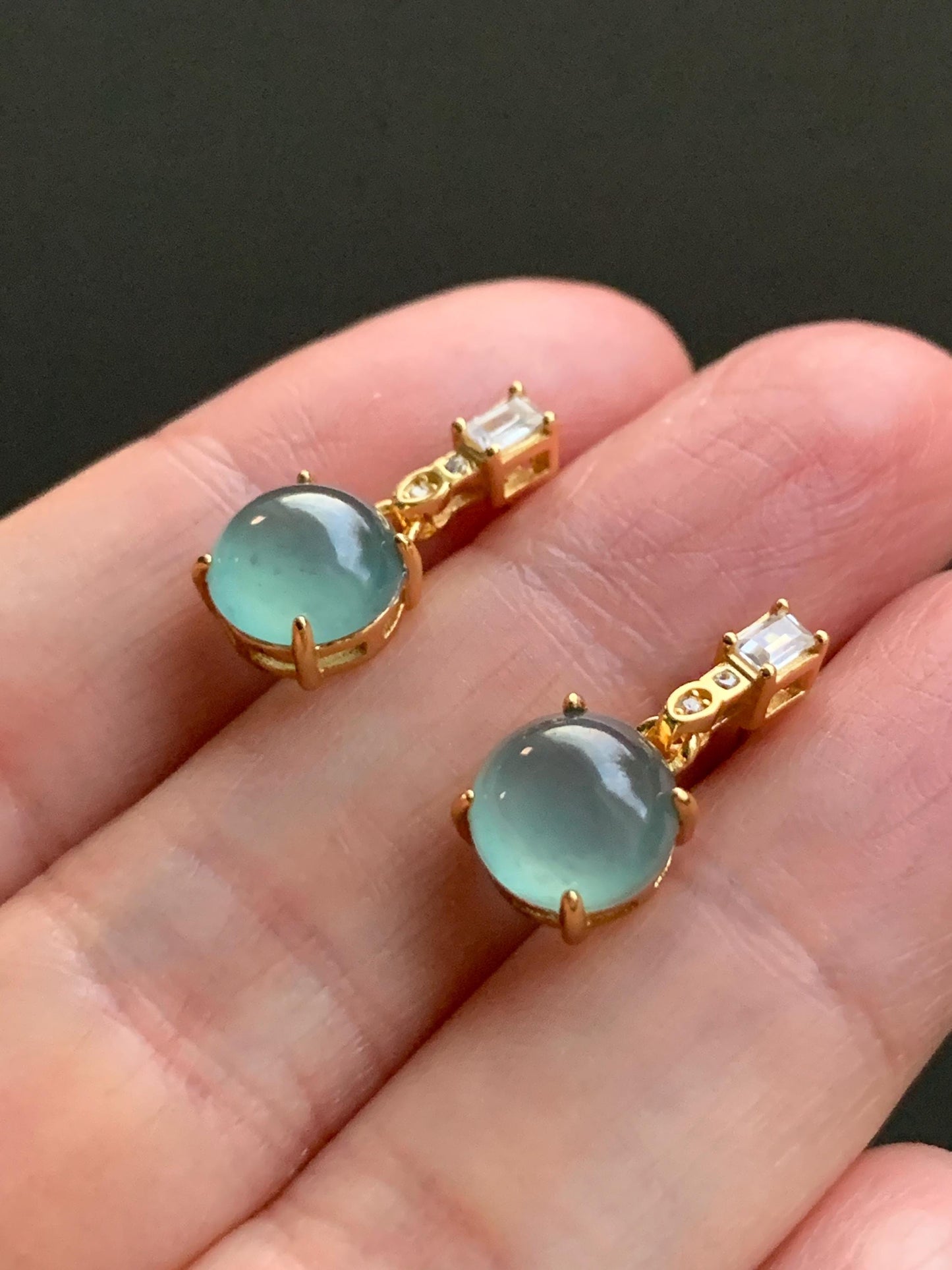 Natural Guatemalan Icy Highly Translucent Light Teal Green Jadeite Round Stud Earrings Sterling Silver Yellow Gold Finish 天然冰危淡蓝绿翡翠蛋面银镶耳钉