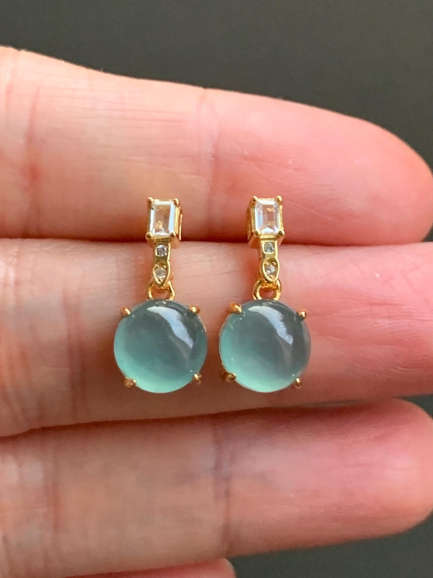 Natural Guatemalan Icy Highly Translucent Light Teal Green Jadeite Round Stud Earrings Sterling Silver Yellow Gold Finish 天然冰危淡蓝绿翡翠蛋面银镶耳钉