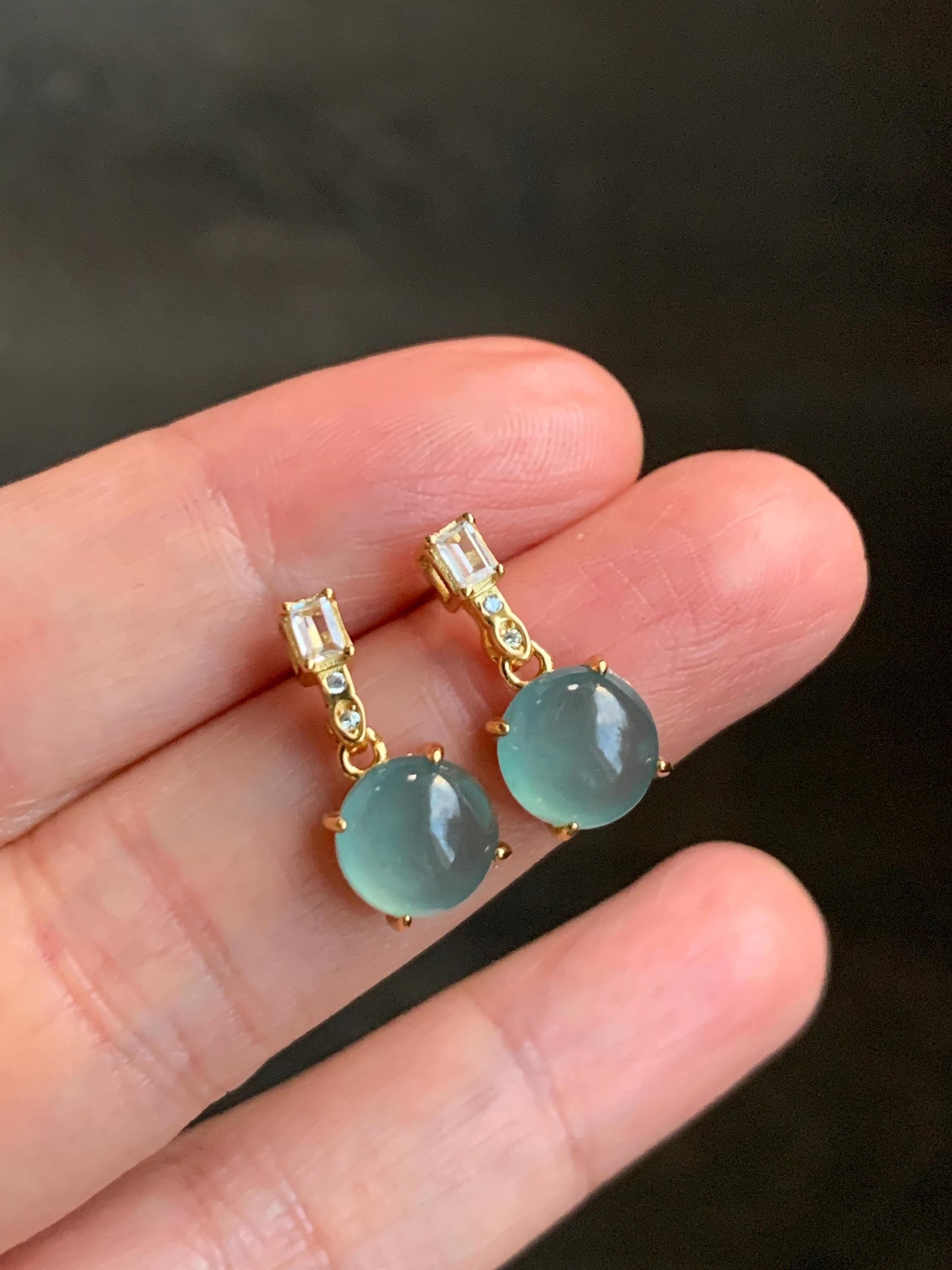 Natural Guatemalan Icy Highly Translucent Light Teal Green Jadeite Round Stud Earrings Sterling Silver Yellow Gold Finish 天然冰危淡蓝绿翡翠蛋面银镶耳钉