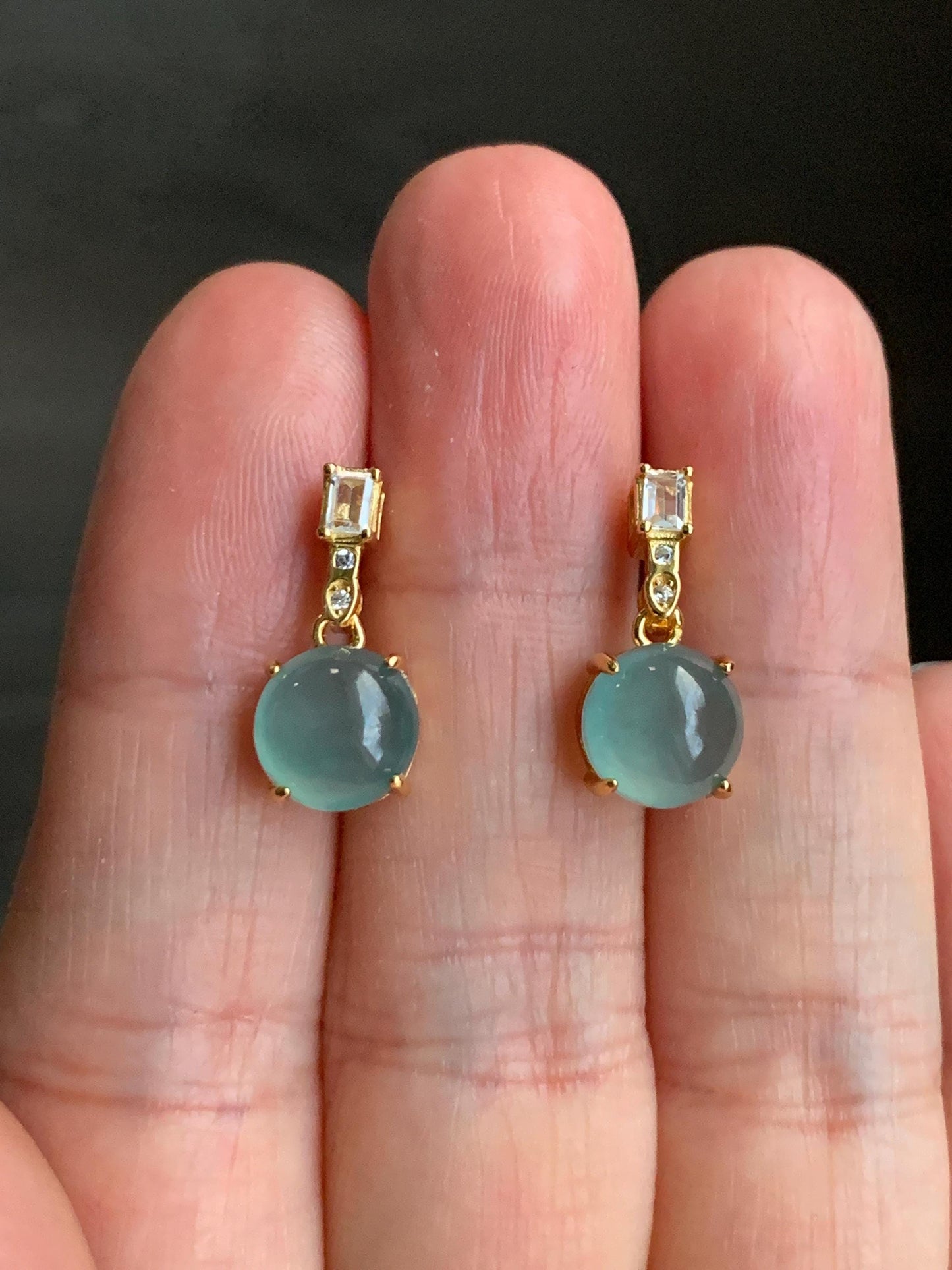 Natural Guatemalan Icy Highly Translucent Light Teal Green Jadeite Round Stud Earrings Sterling Silver Yellow Gold Finish 天然冰危淡蓝绿翡翠蛋面银镶耳钉