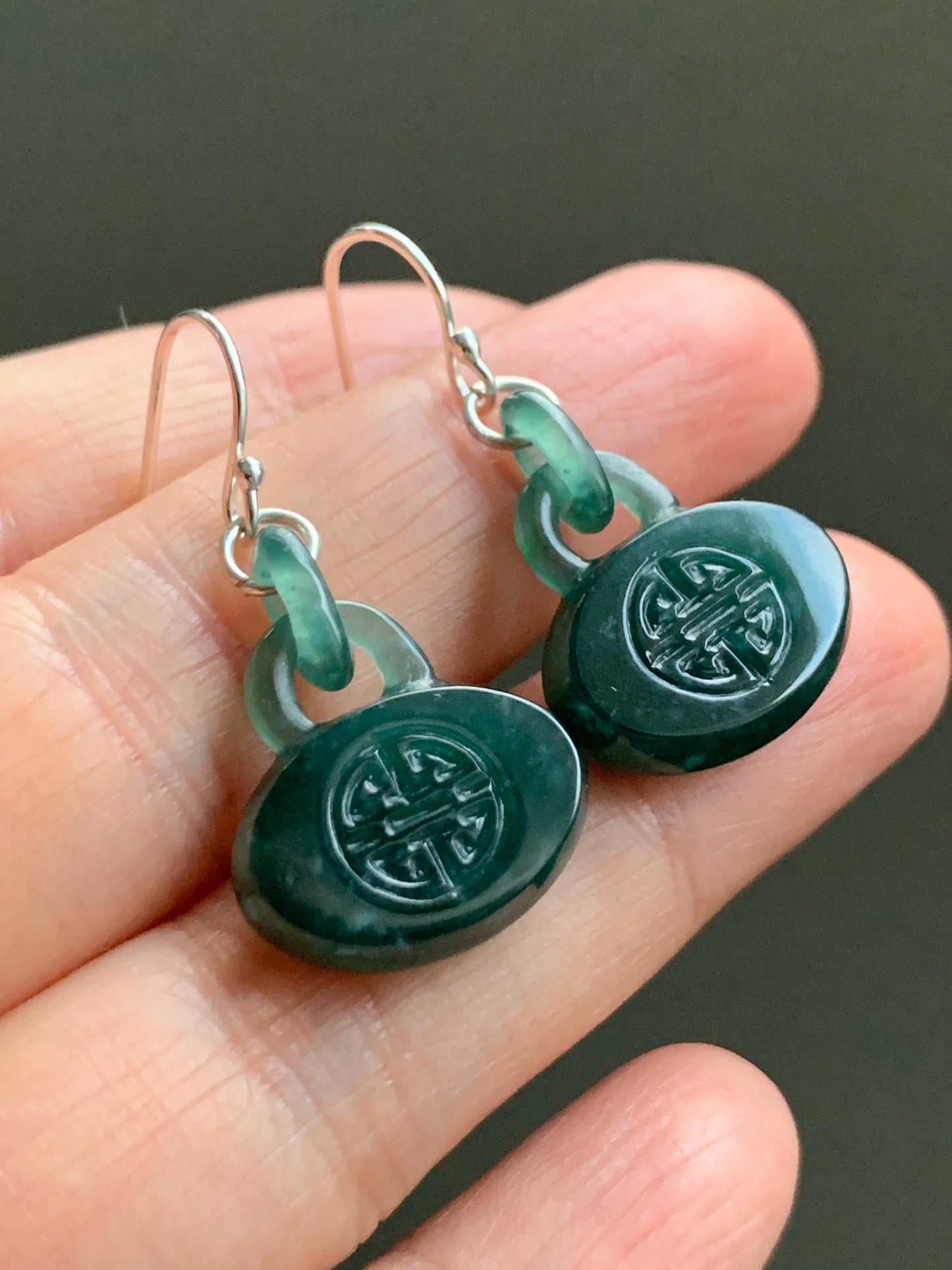 Natural Guatemalan Icy Translucent Dark Teal Green Jadeite Locks w/ Interlocking Rings Dangle Earrings Sterling Silver 天然冰危蓝绿翡翠锁包环环相扣银耳钩