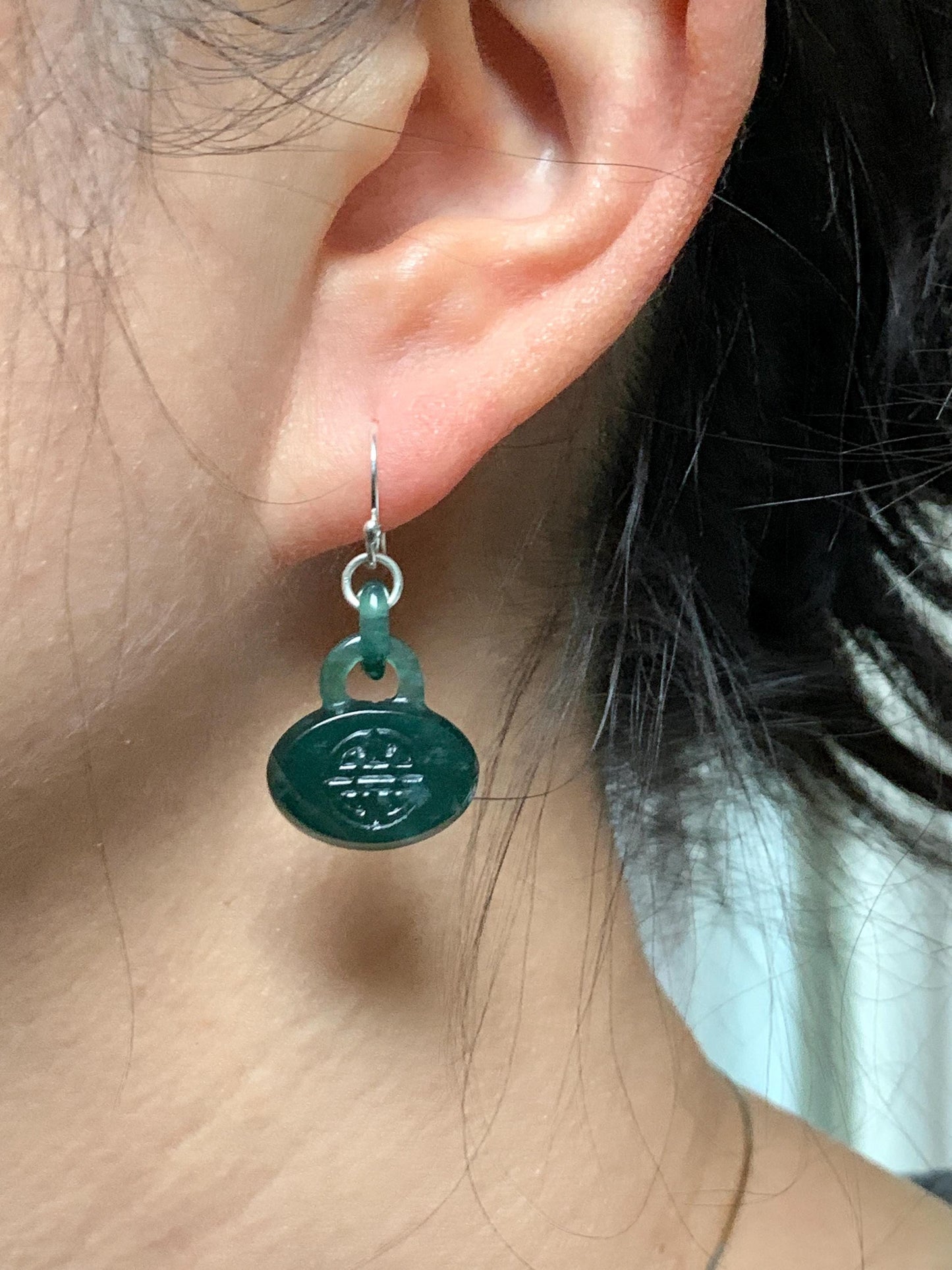 Natural Guatemalan Icy Translucent Dark Teal Green Jadeite Locks w/ Interlocking Rings Dangle Earrings Sterling Silver 天然冰危蓝绿翡翠锁包环环相扣银耳钩