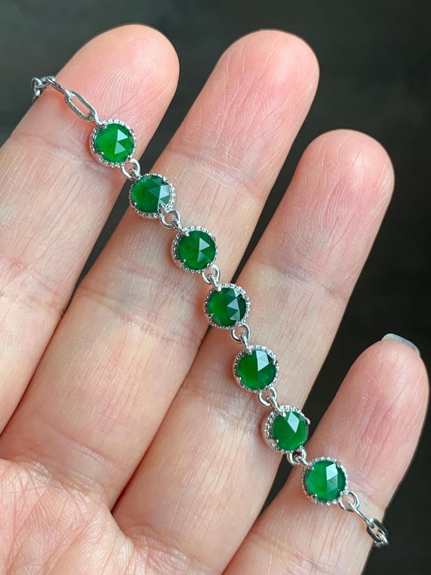 Natural Grade A Guatemalan Icy Translucent Vibrant Green Faceted Jadeite 7-Stone Chain Bracelet Sterling Silver 3g