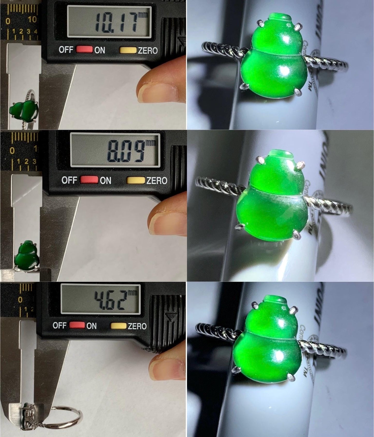 Natural Guatemalan Icy Translucent Vibrant Green Jadeite Gourd Hulu Solitaire Ring Sterling Silver Size 7 Adjustable 天然冰危绿翡翠葫芦蛋面银镶戒指 HLMH68