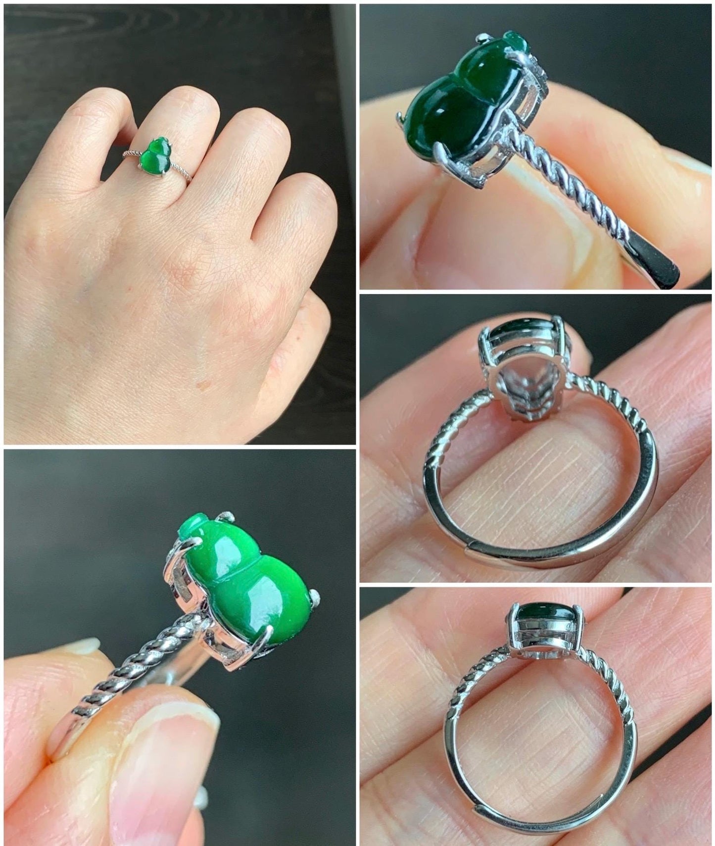 Natural Guatemalan Icy Translucent Vibrant Green Jadeite Gourd Hulu Solitaire Ring Sterling Silver Size 7 Adjustable 天然冰危绿翡翠葫芦蛋面银镶戒指 HLMH68