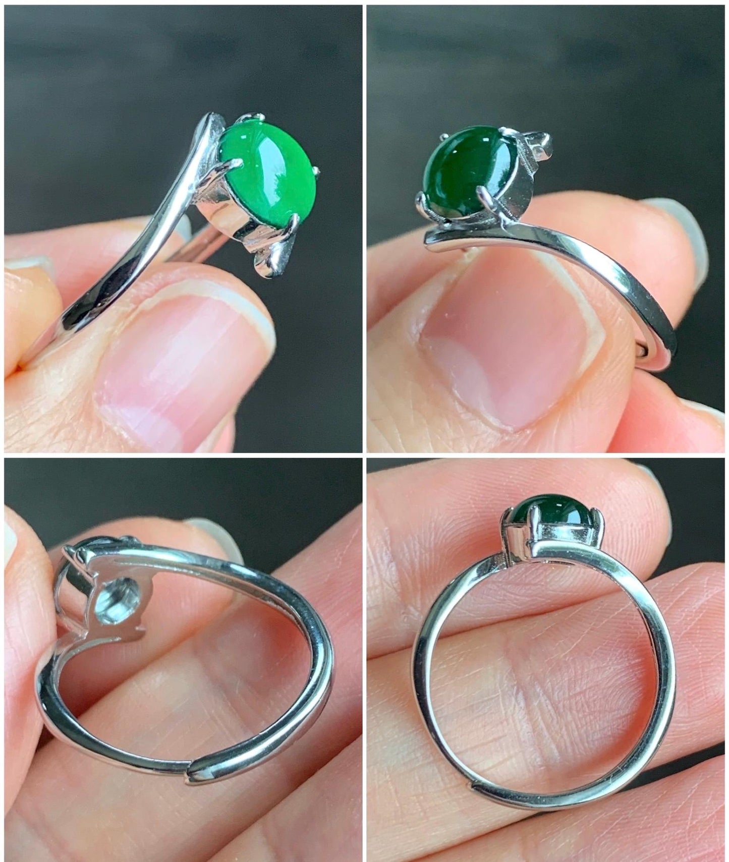 Natural Guatemalan Grade A Icy Translucent Vibrant Green Jadeite Solitaire Style Ring Sterling Silver Size Adjustable 天然冰危绿翡翠银镶戒指 WLDD68