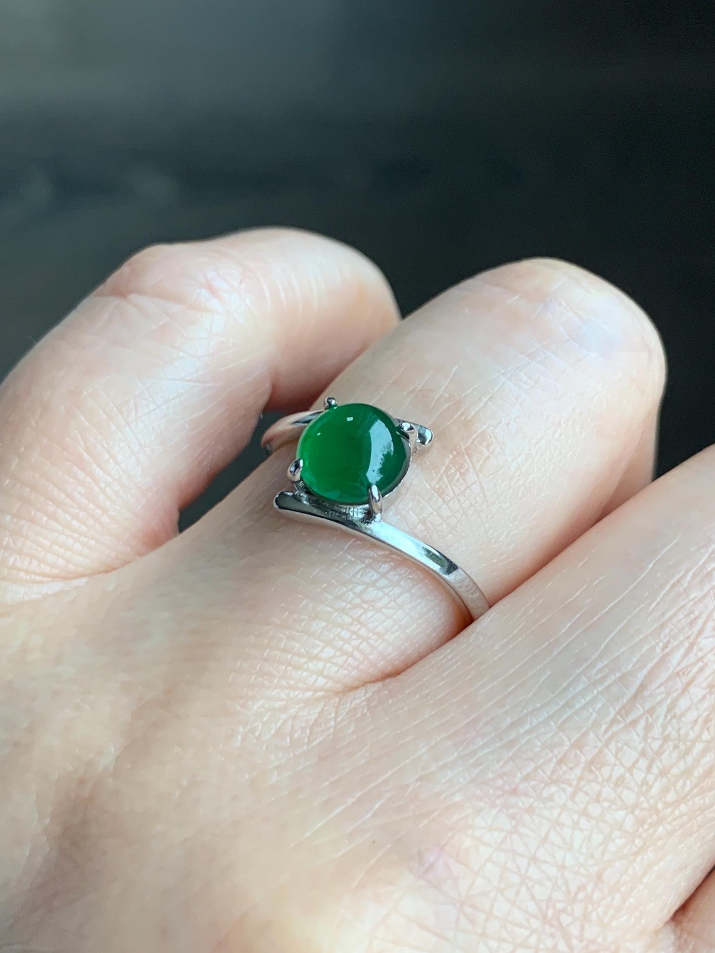 Natural Guatemalan Grade A Icy Translucent Vibrant Green Jadeite Solitaire Style Ring Sterling Silver Size Adjustable
