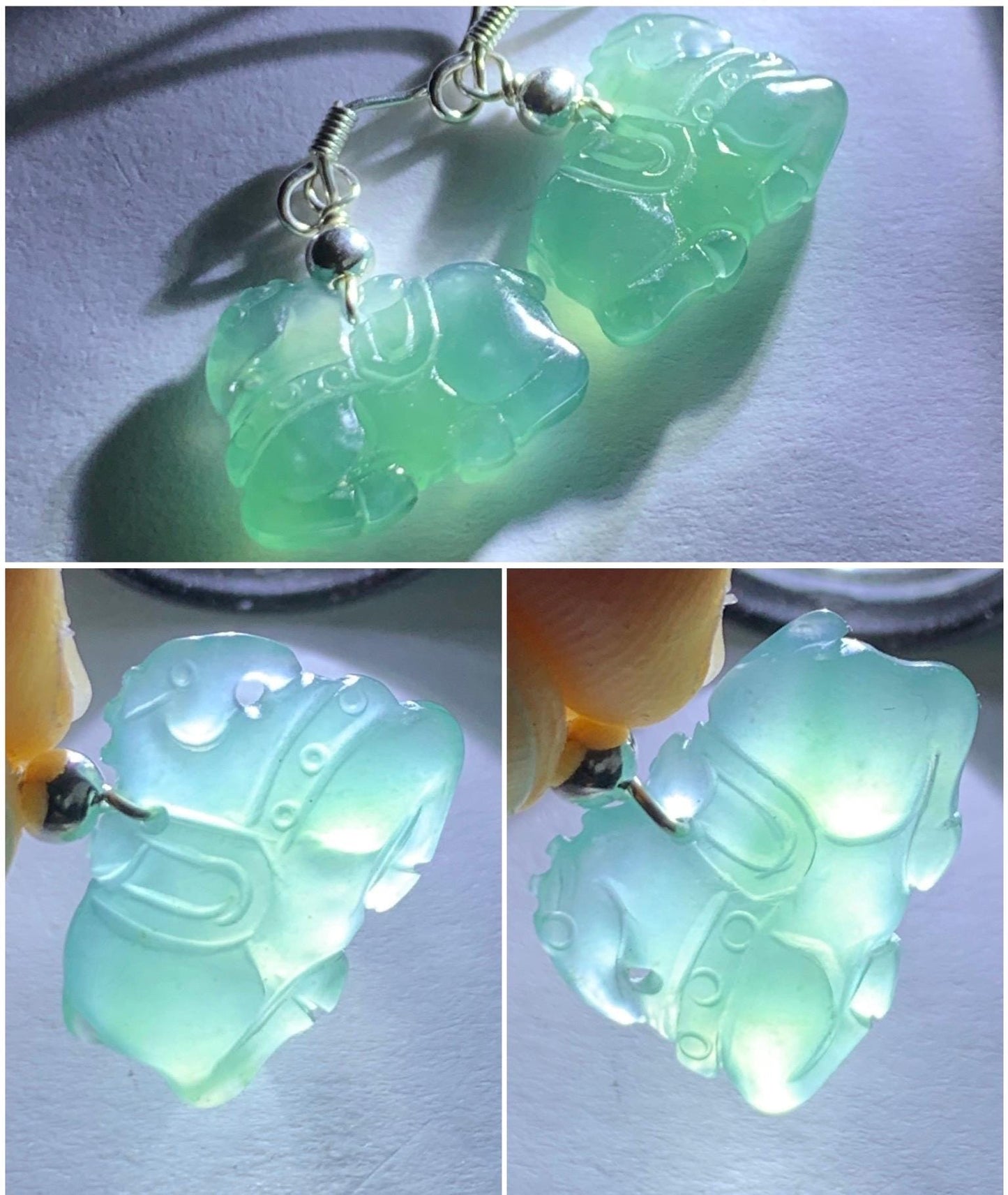 Natural Guatemalan Grade A Icy Highly Translucent Dark Teal Blue Jadeite Carved Tang Horse Dangle Earrings Sterling Silver 天然冰危蓝翡翠小唐马银耳钩