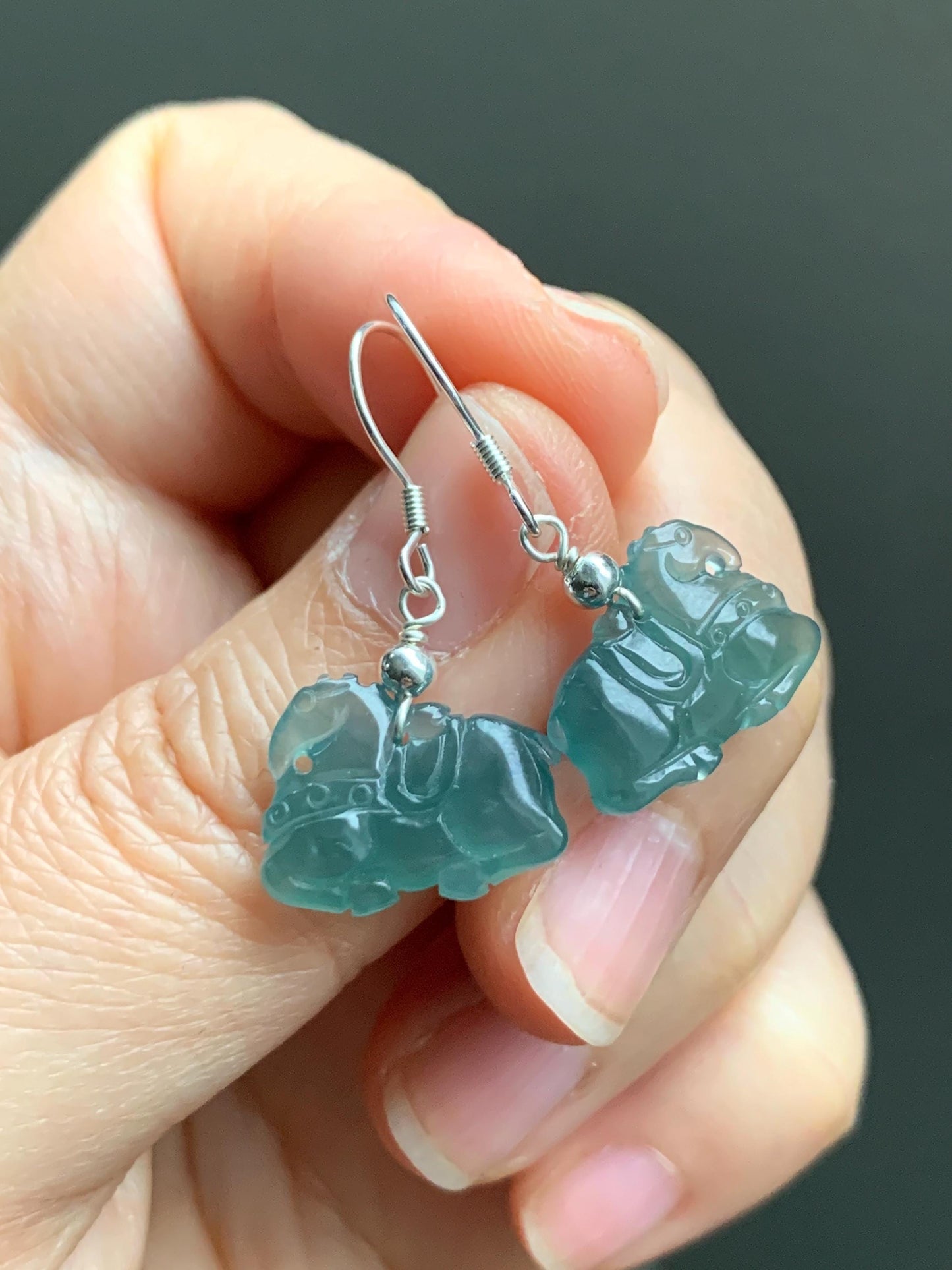 Natural Guatemalan Grade A Icy Highly Translucent Dark Teal Blue Jadeite Carved Tang Horse Dangle Earrings Sterling Silver 天然冰危蓝翡翠小唐马银耳钩