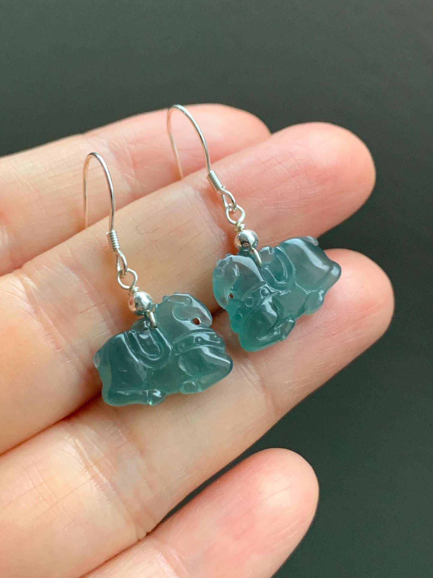 Natural Guatemalan Grade A Icy Highly Translucent Dark Teal Blue Jadeite Carved Tang Horse Dangle Earrings Sterling Silver 天然冰危蓝翡翠小唐马银耳钩
