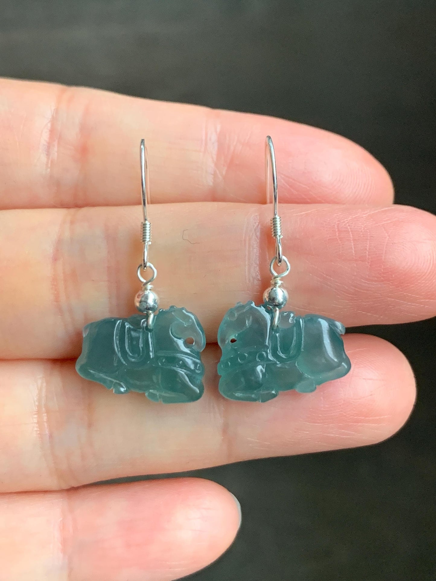 Natural Guatemalan Grade A Icy Highly Translucent Dark Teal Blue Jadeite Carved Tang Horse Dangle Earrings Sterling Silver 天然冰危蓝翡翠小唐马银耳钩