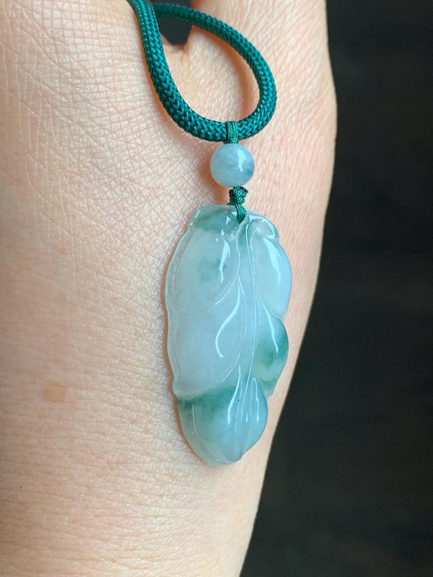 Natural Grade A Icy Translucent Gelatinous Green Marbled Jadeite Leaf Pendant Rope Necklace 25" Adjustable 8g 天然老种冰晴飘花翡翠大叶有成吊坠项链