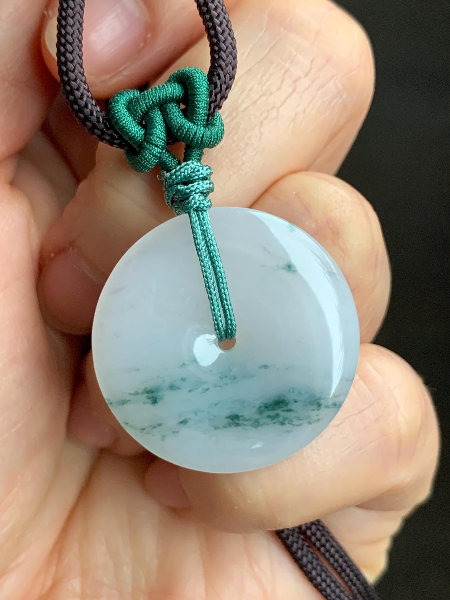Certified Grade A Natural Icy Translucent Gelatinous White Green Marbled Jadeite Ping An Kou Donut Pendant Necklace 天然老种冰胶白飘花翡翠平安扣吊坠 7833