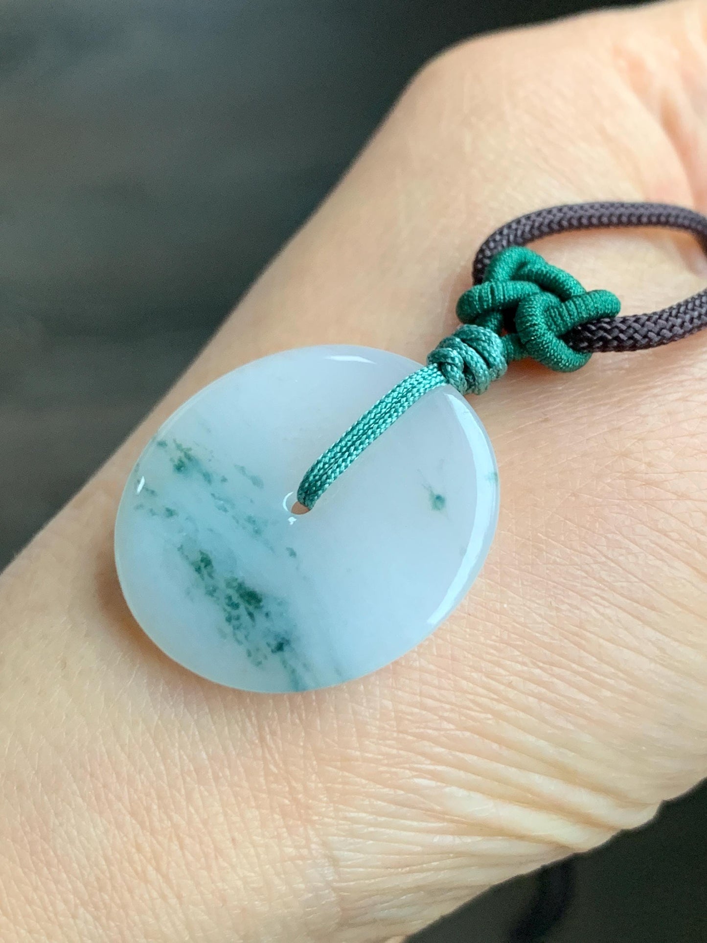 Certified Grade A Natural Icy Translucent Gelatinous White Green Marbled Jadeite Ping An Kou Donut Pendant Necklace 天然老种冰胶白飘花翡翠平安扣吊坠 7833