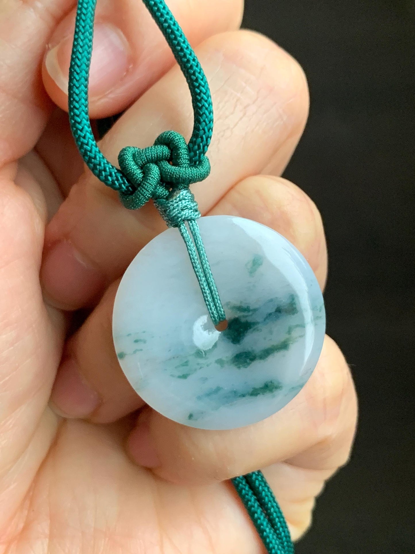 Certified Grade A Natural Icy Translucent Gelatinous White Green Marbled Jadeite Ping An Kou Donut Pendant Necklace 天然老种冰胶白飘花翡翠平安扣吊坠 7834