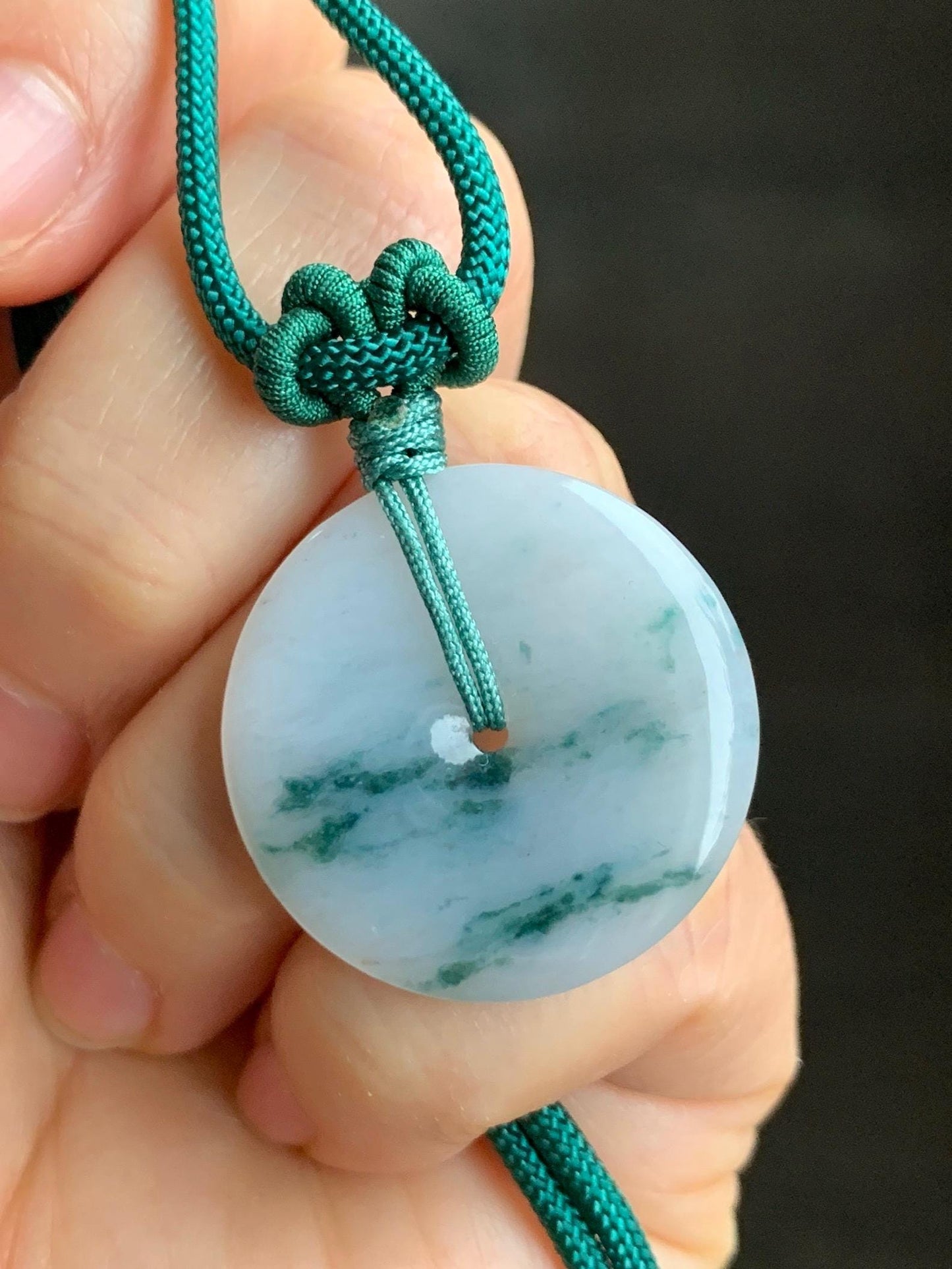Certified Grade A Natural Icy Translucent Gelatinous White Green Marbled Jadeite Ping An Kou Donut Pendant Necklace 天然老种冰胶白飘花翡翠平安扣吊坠 7834