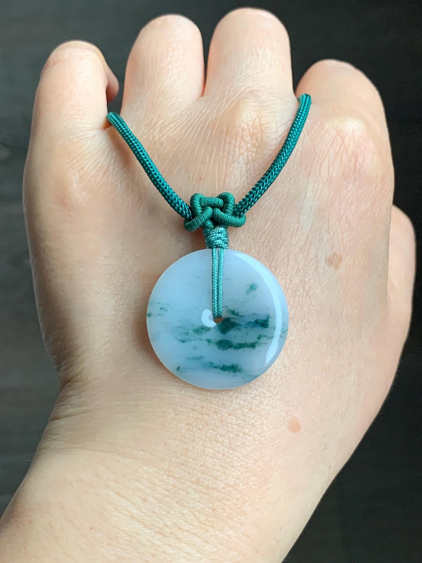 Certified Grade A Natural Icy Translucent Gelatinous White Green Marbled Jadeite Ping An Kou Donut Pendant Necklace 天然老种冰胶白飘花翡翠平安扣吊坠 7834