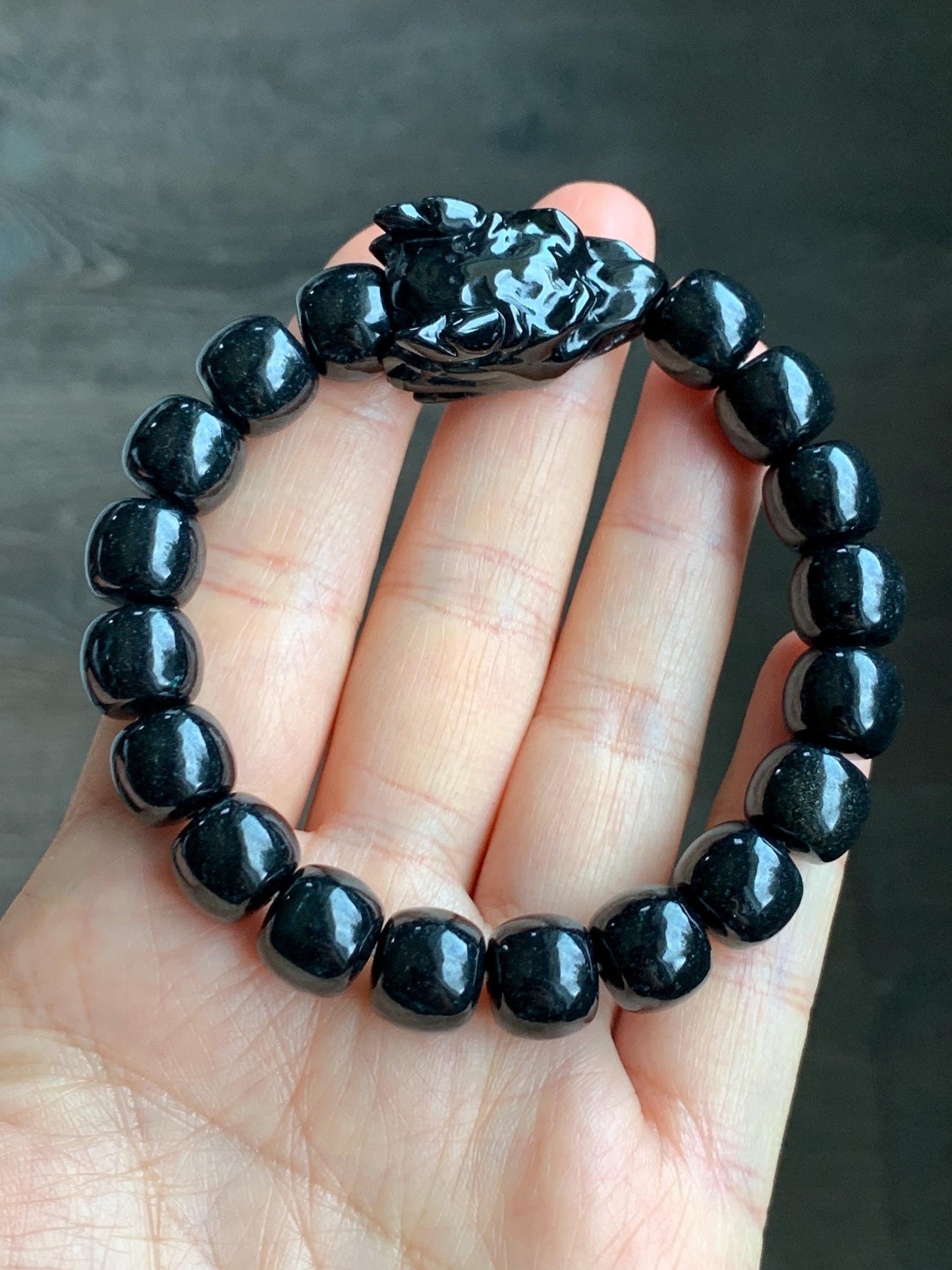 Natural Grade A Black Jadeite Carved Dragon Head & Jadeite Drum Beads Beaded Bracelet Stretchy 7.5" 50g 天然墨翠鼓珠龙头珠手串 JDL1227