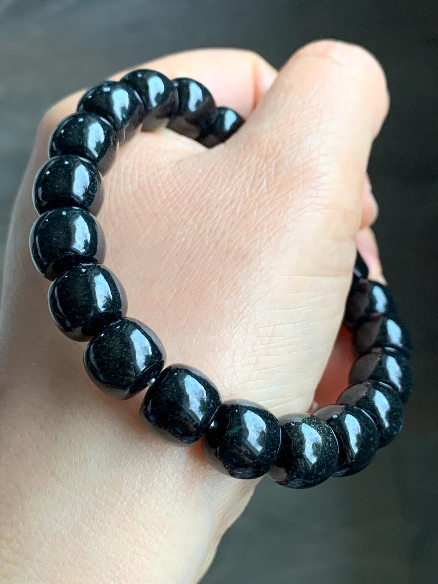 Natural Grade A Black Jadeite Carved Dragon Head & Jadeite Drum Beads Beaded Bracelet Stretchy 7.5" 50g 天然墨翠鼓珠龙头珠手串 JDL1227