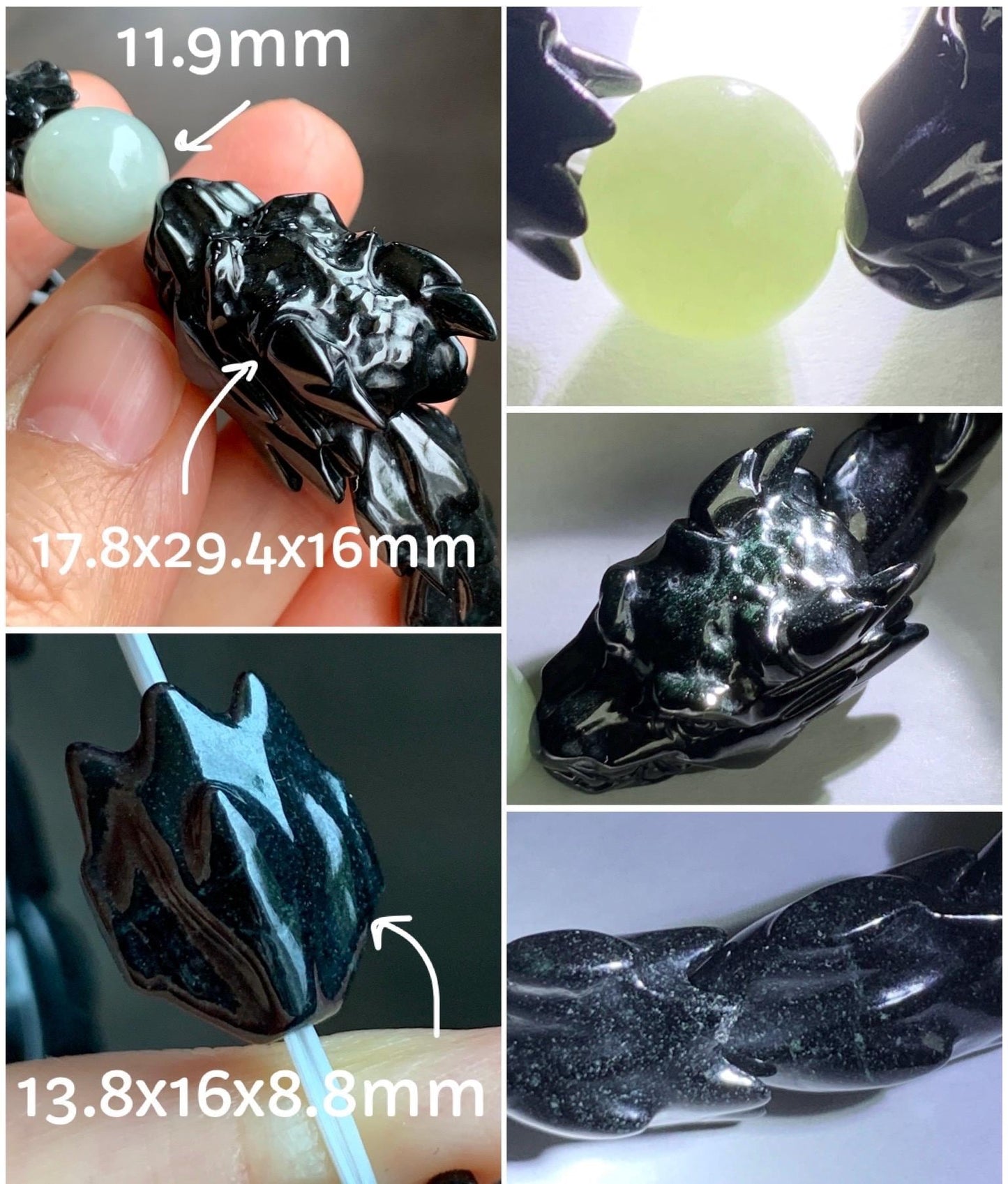 Natural Grade A Black Jadeite Carved Dragon Bone & Dragon Head Icy Translucent White Jadeite Bead Beaded Bracelet 7" 天然墨翠龙头龙骨冰翡翠珠手串 LSL1215