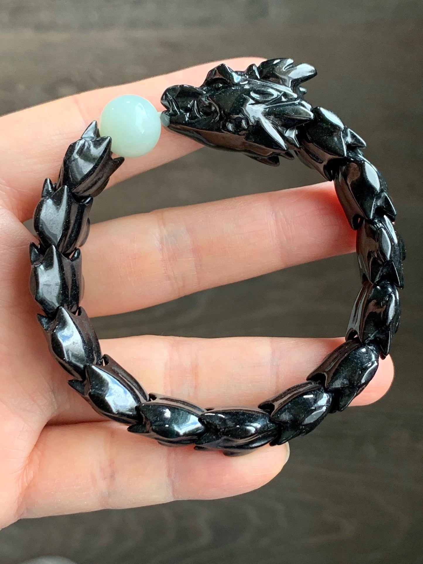 Natural Grade A Black Jadeite Carved Dragon Bone & Dragon Head Icy Translucent White Jadeite Bead Beaded Bracelet 7" 天然墨翠龙头龙骨冰翡翠珠手串 LSL1215