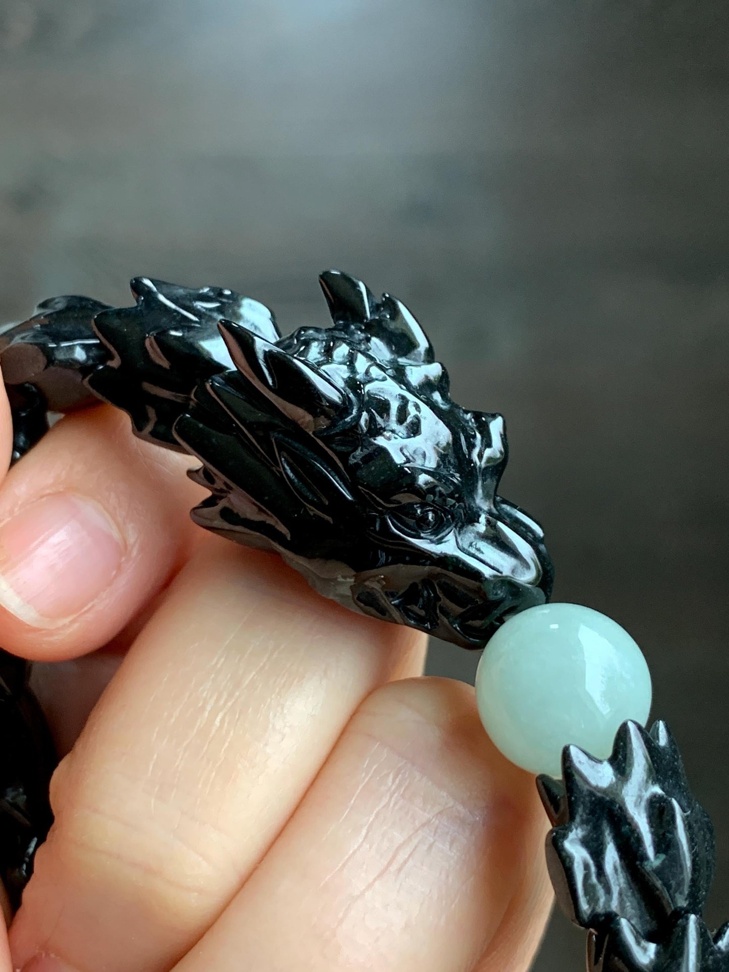 Natural Grade A Black Jadeite Carved Dragon Bone & Dragon Head Icy Translucent White Jadeite Bead Beaded Bracelet 7" 天然墨翠龙头龙骨冰翡翠珠手串 LSL1215