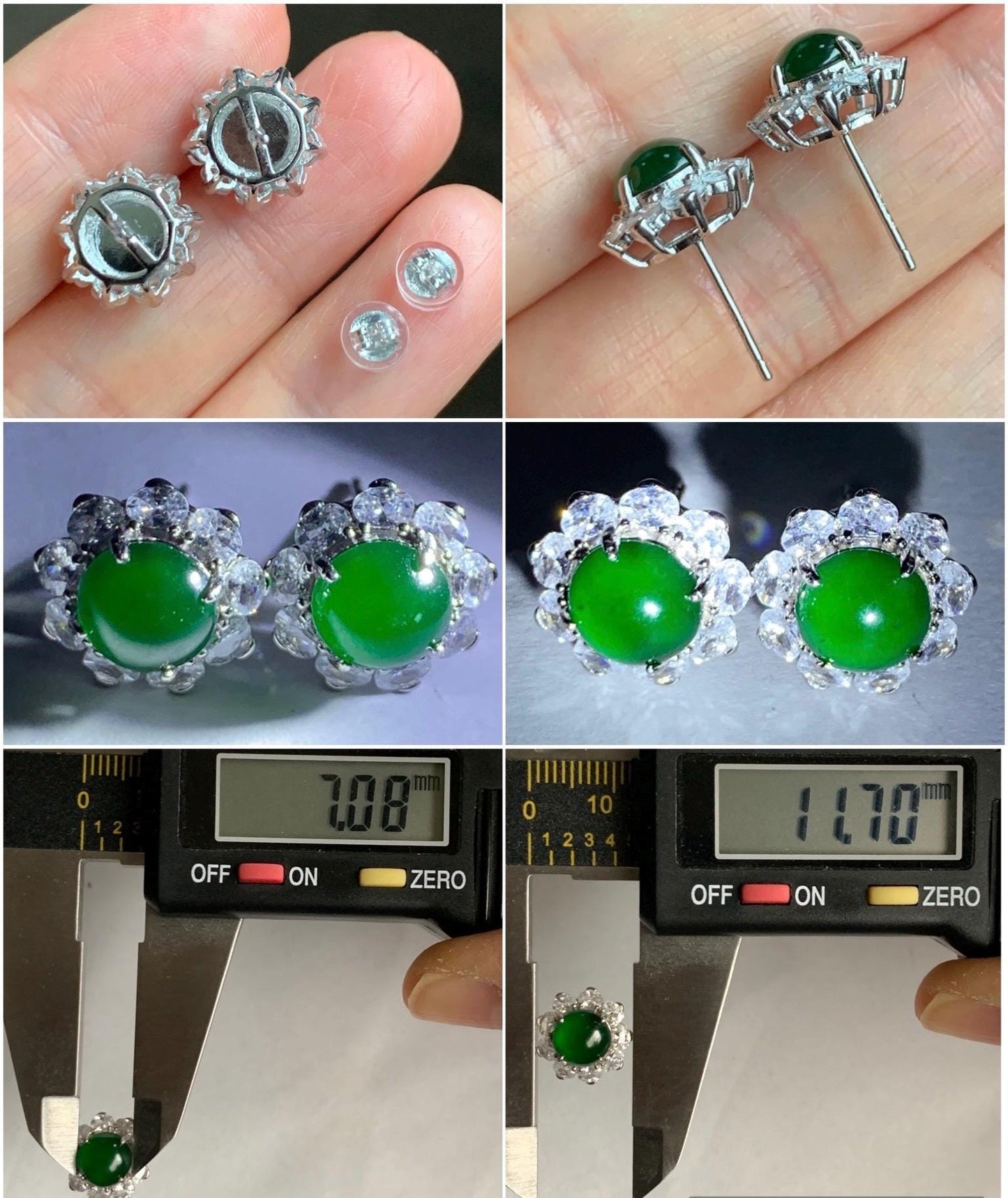Natural Guatemalan Grade A Icy Highly Translucent Vibrant Green Jadeite Round Stud Earrings Sterling Silver 天然冰危绿翡翠蛋面银镶耳钉 DHL120