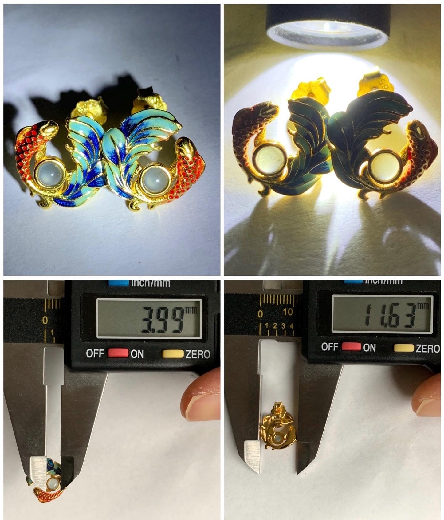 Natural Guatemalan Grade A Icy Highly Translucent Jadeite Koi Fish Stud Earrings Enamel Sterling Silver 天然冰危淡蓝翡翠蛋面锦鲤烤漆银镶耳钉 JLL60