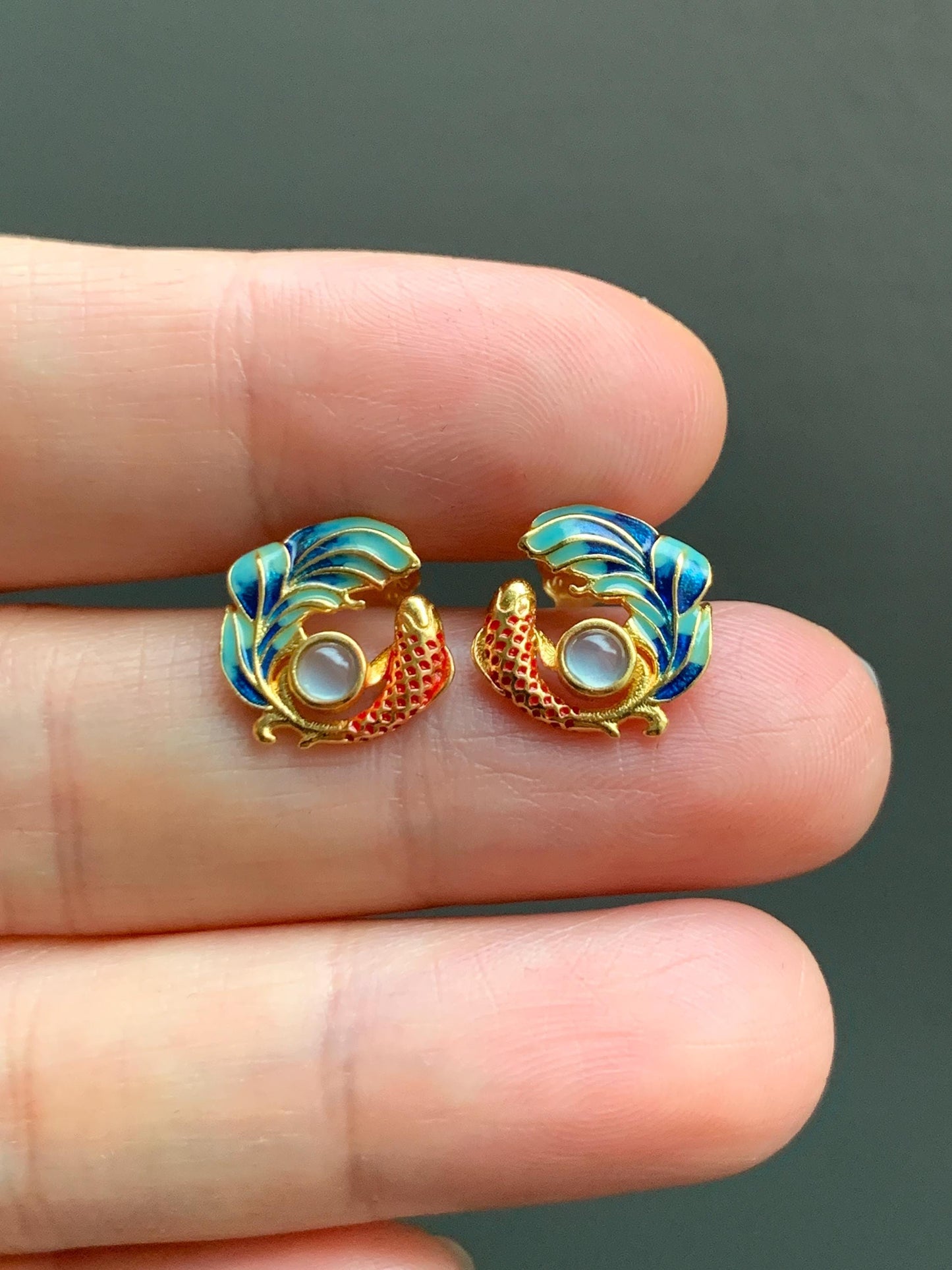 Natural Guatemalan Grade A Icy Highly Translucent Jadeite Koi Fish Stud Earrings Enamel Sterling Silver 天然冰危淡蓝翡翠蛋面锦鲤烤漆银镶耳钉 JLL60