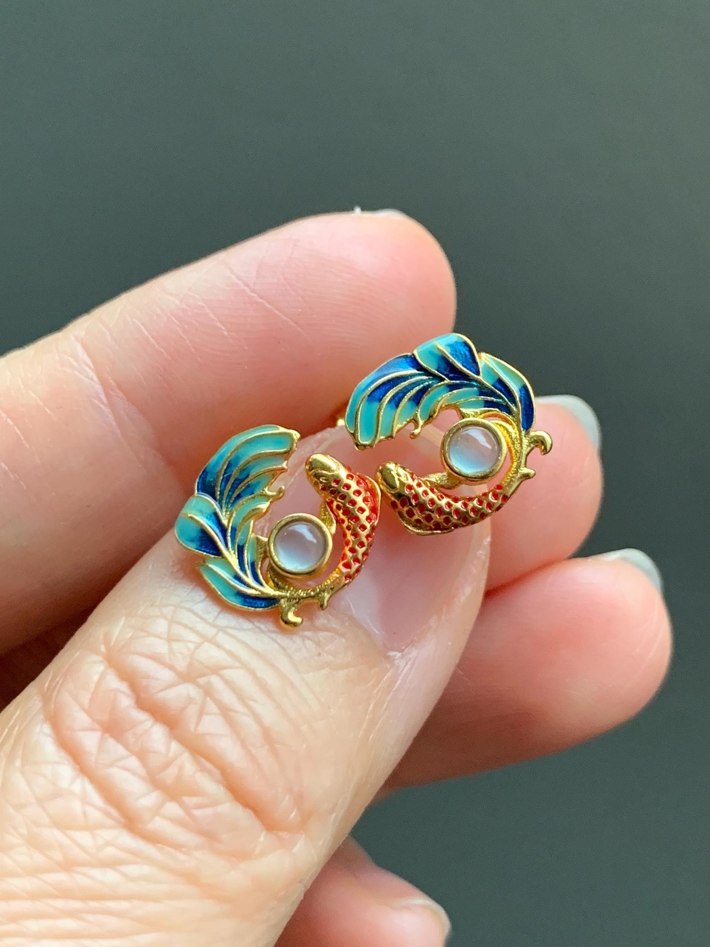 Natural Guatemalan Grade A Icy Highly Translucent Jadeite Koi Fish Stud Earrings Enamel Sterling Silver 天然冰危淡蓝翡翠蛋面锦鲤烤漆银镶耳钉 JLL60