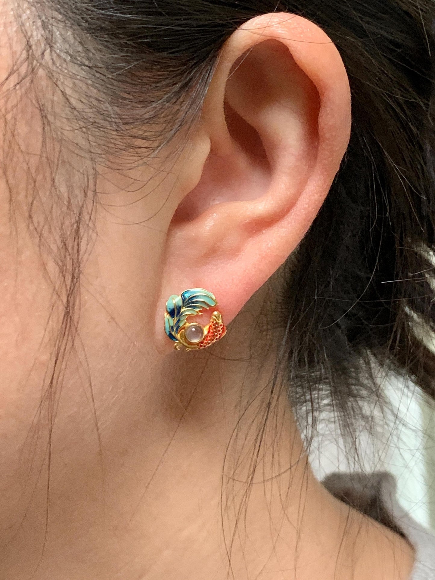 Natural Guatemalan Grade A Icy Highly Translucent Jadeite Koi Fish Stud Earrings Enamel Sterling Silver 天然冰危淡蓝翡翠蛋面锦鲤烤漆银镶耳钉 JLL60