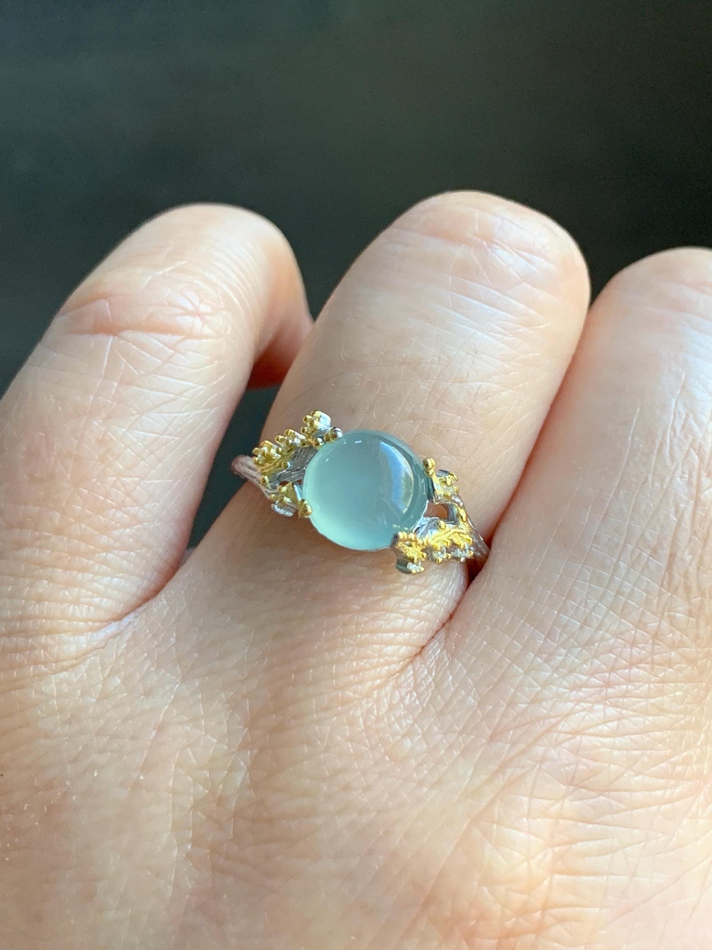 Natural Guatemalan Icy Highly Translucent Pale Blue Jadeite Tree Branch Design Ring Sterling Silver Adjustable 天然冰危淡蓝起光翡翠树枝银镶戒指 MHYB