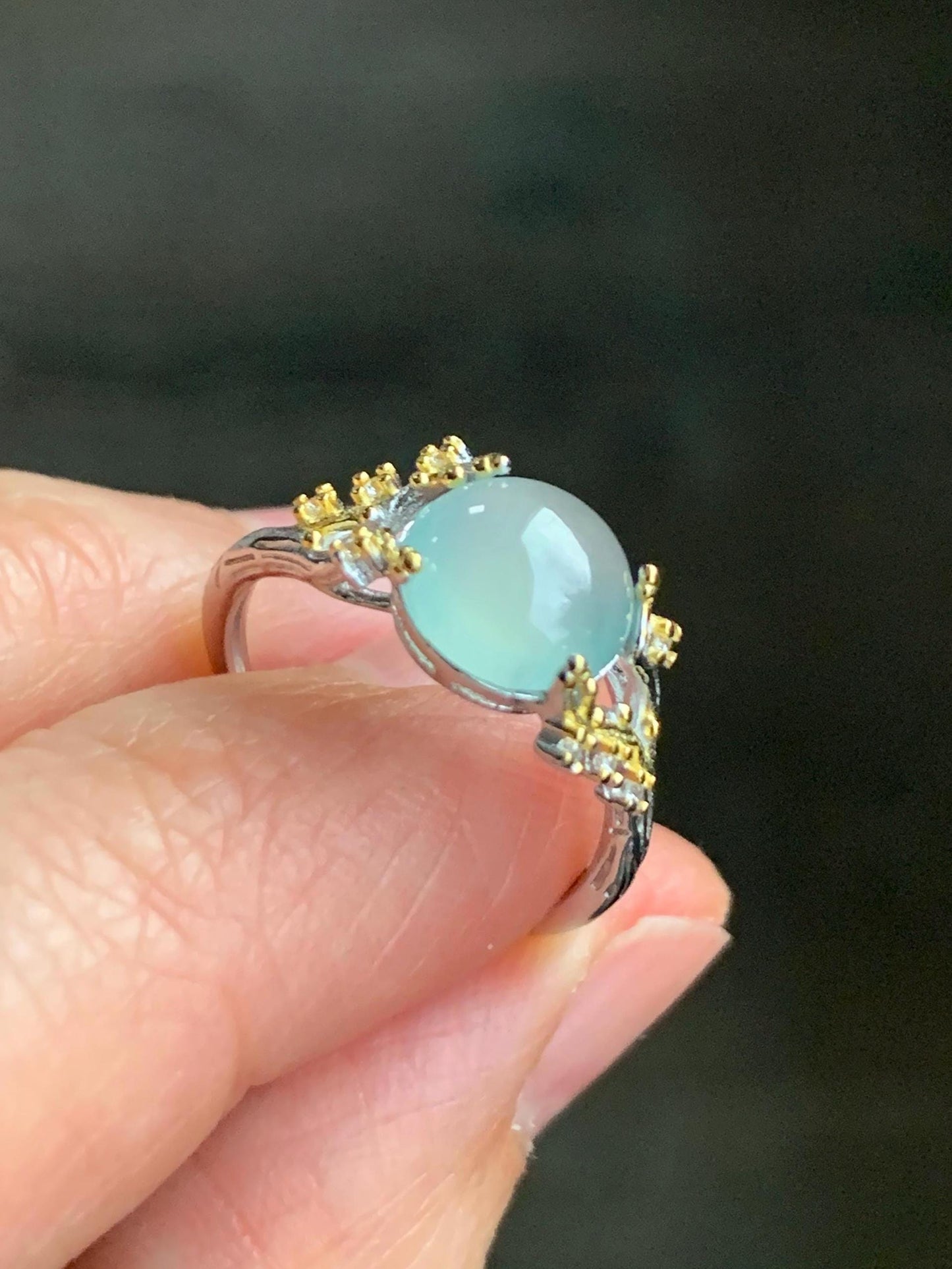 Natural Guatemalan Icy Highly Translucent Pale Blue Jadeite Tree Branch Design Ring Sterling Silver Adjustable 天然冰危淡蓝起光翡翠树枝银镶戒指 MHYB