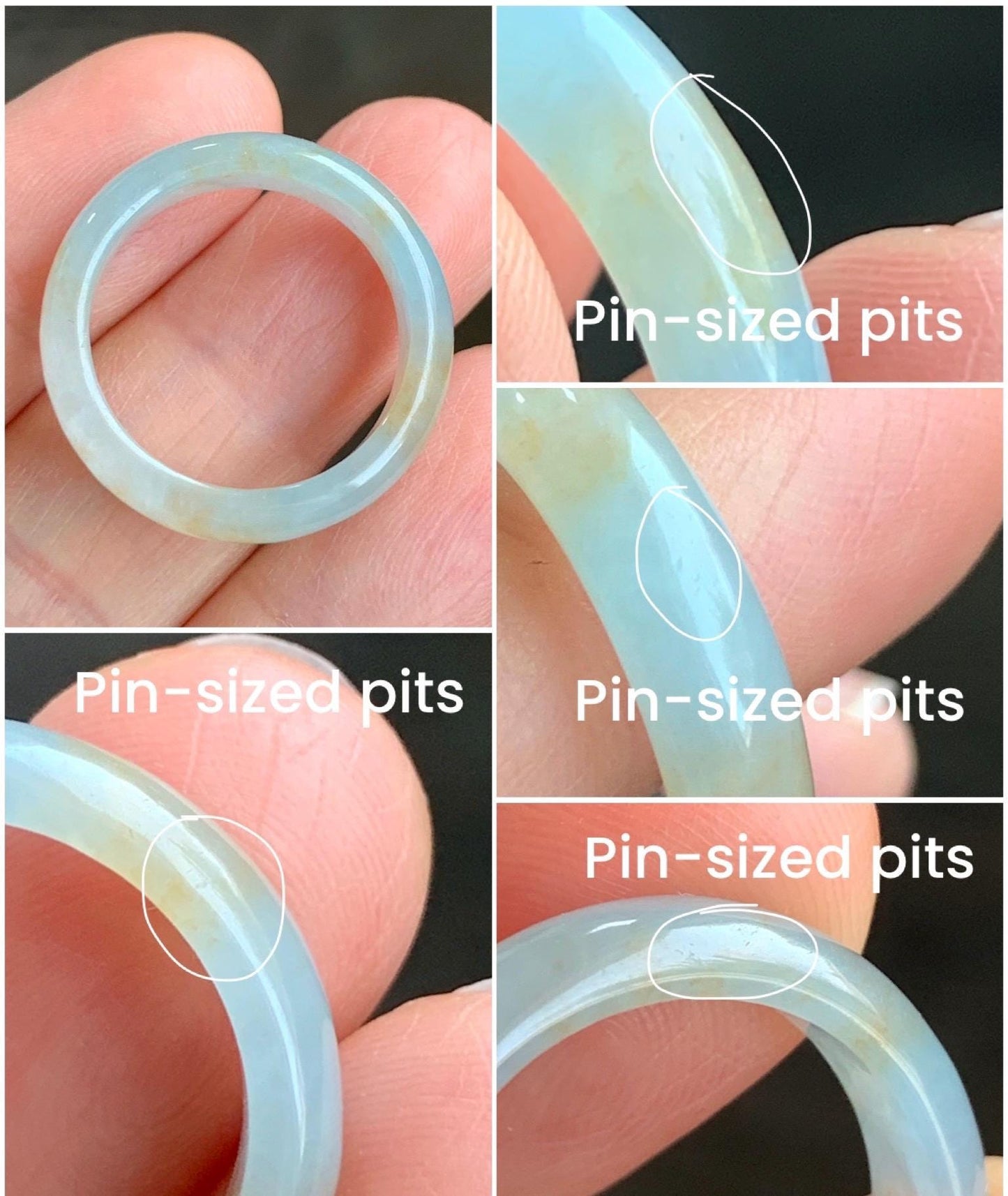 Natural Grade A Icy Translucent Bicolored Pastel Blue Golden Yellow Marbled Jadeite Band Ring Size 8.5 US 天然冰胶浅蓝撒金翡翠戒圈 SHS66