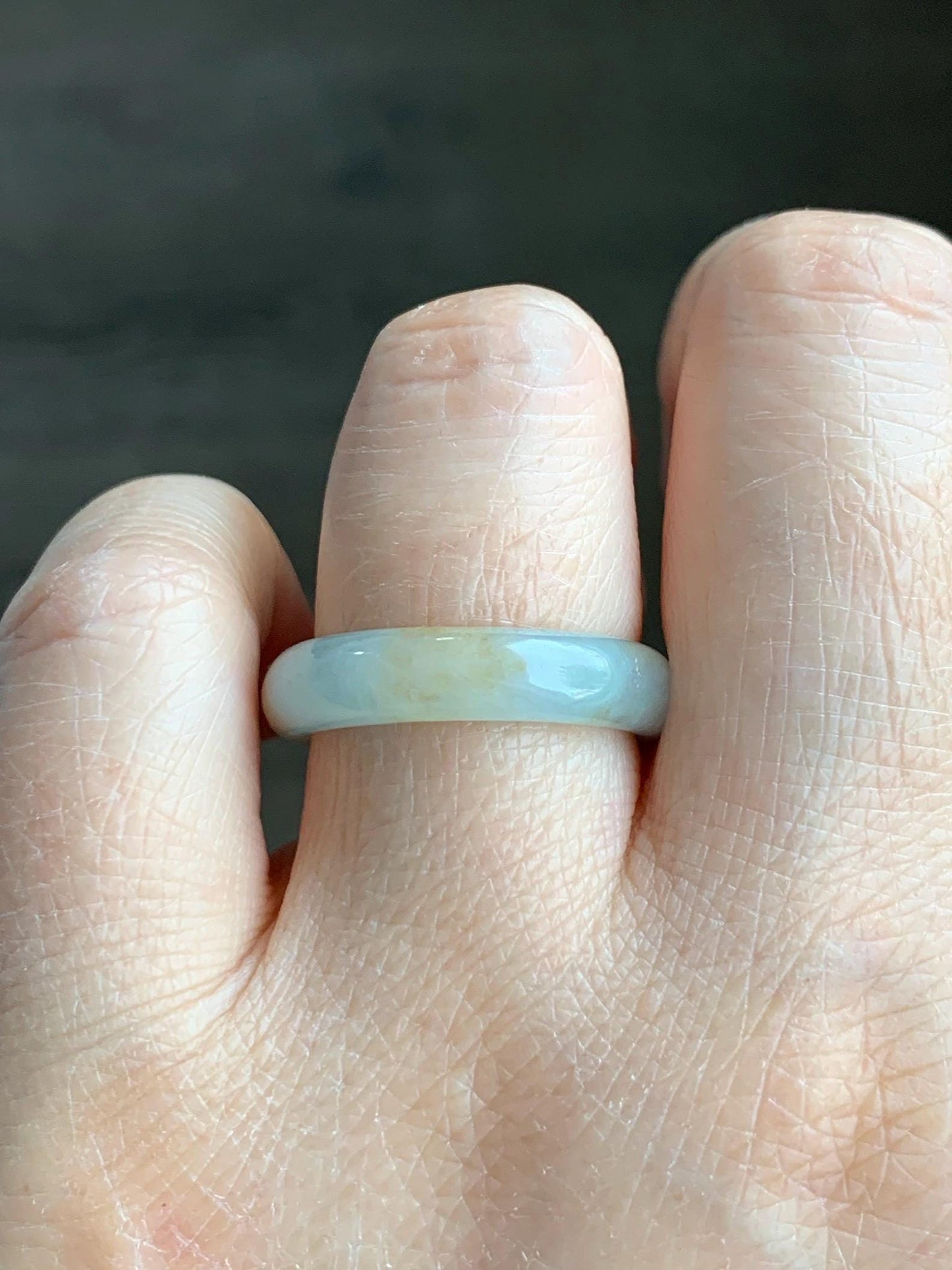 Natural Grade A Icy Translucent Bicolored Pastel Blue Golden Yellow Marbled Jadeite Band Ring Size 8.5 US