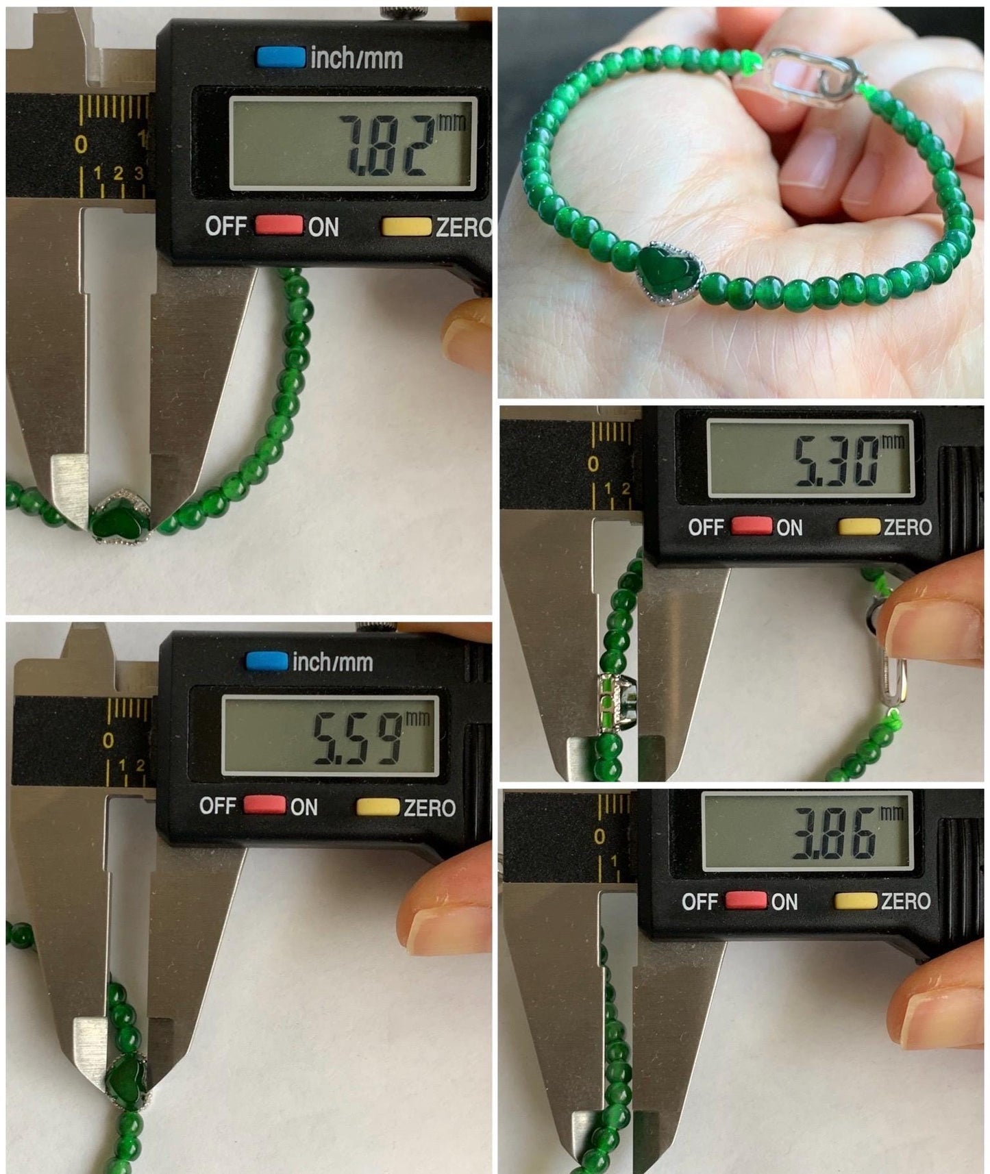 Natural Grade A Guatemalan Icy Translucent Vibrant Green Jadeite Beads Heart Charm Beaded Bracelet Sterling Silver 6.75” 5g 天然冰危绿翡翠爱心小圆珠手串