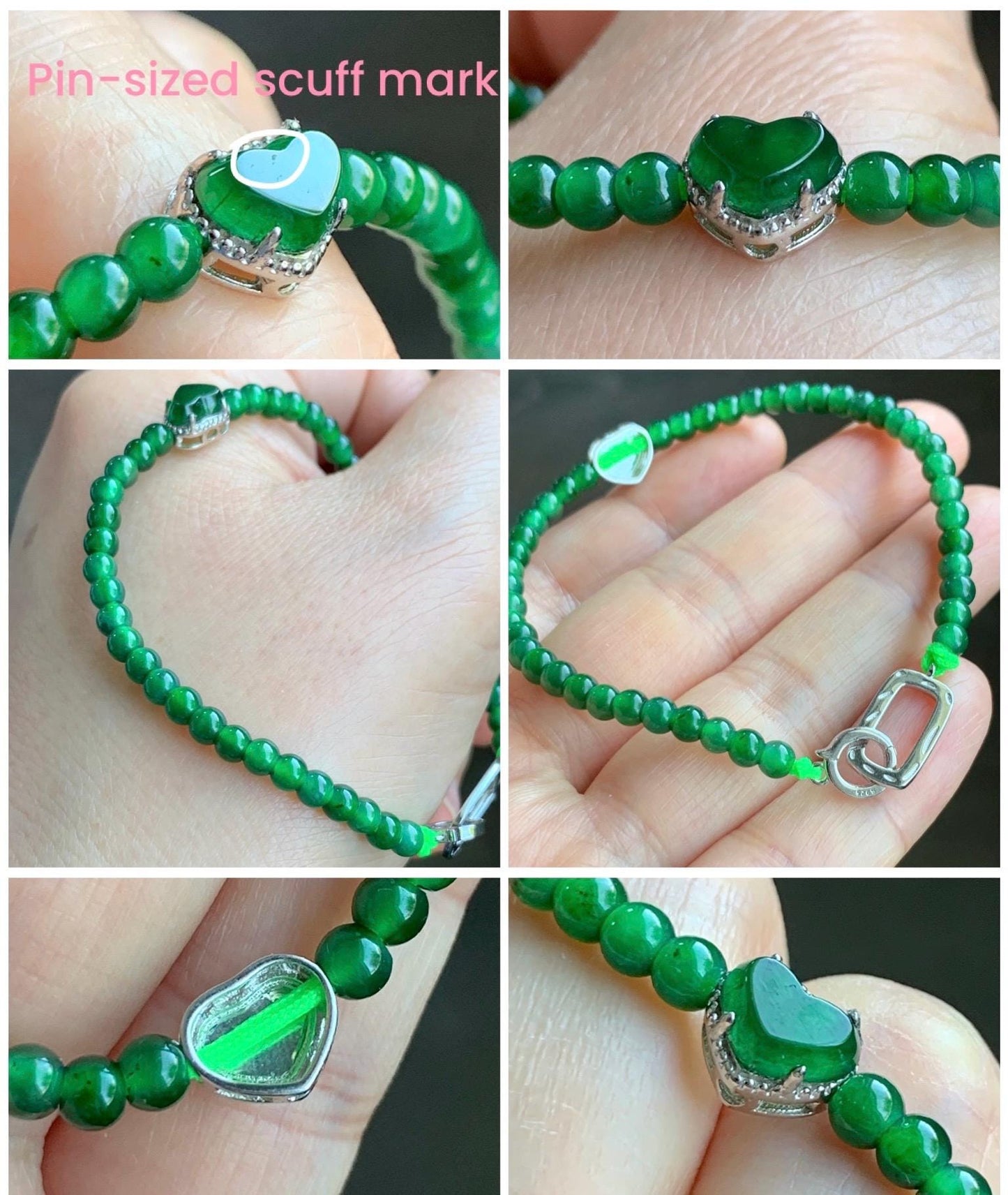 Natural Grade A Guatemalan Icy Translucent Vibrant Green Jadeite Beads Heart Charm Beaded Bracelet Sterling Silver 6.75” 5g 天然冰危绿翡翠爱心小圆珠手串