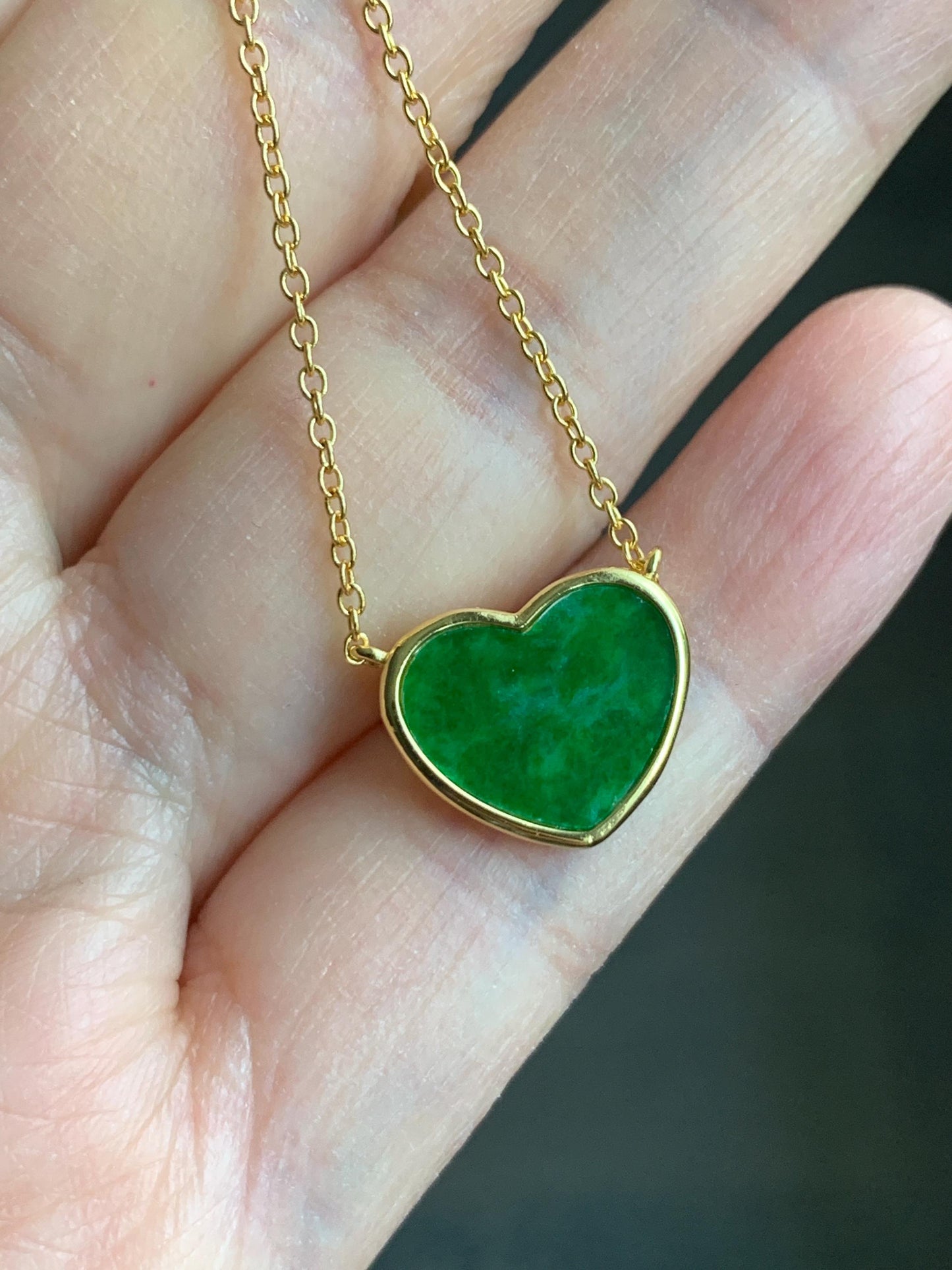 Certified Natural Grade A Translucent Vibrant Green Jadeite Heart Pendant Necklace Sterling Silver YG Overlay 天然花青爱心翡翠蛋面银镶锁骨链套链 1669
