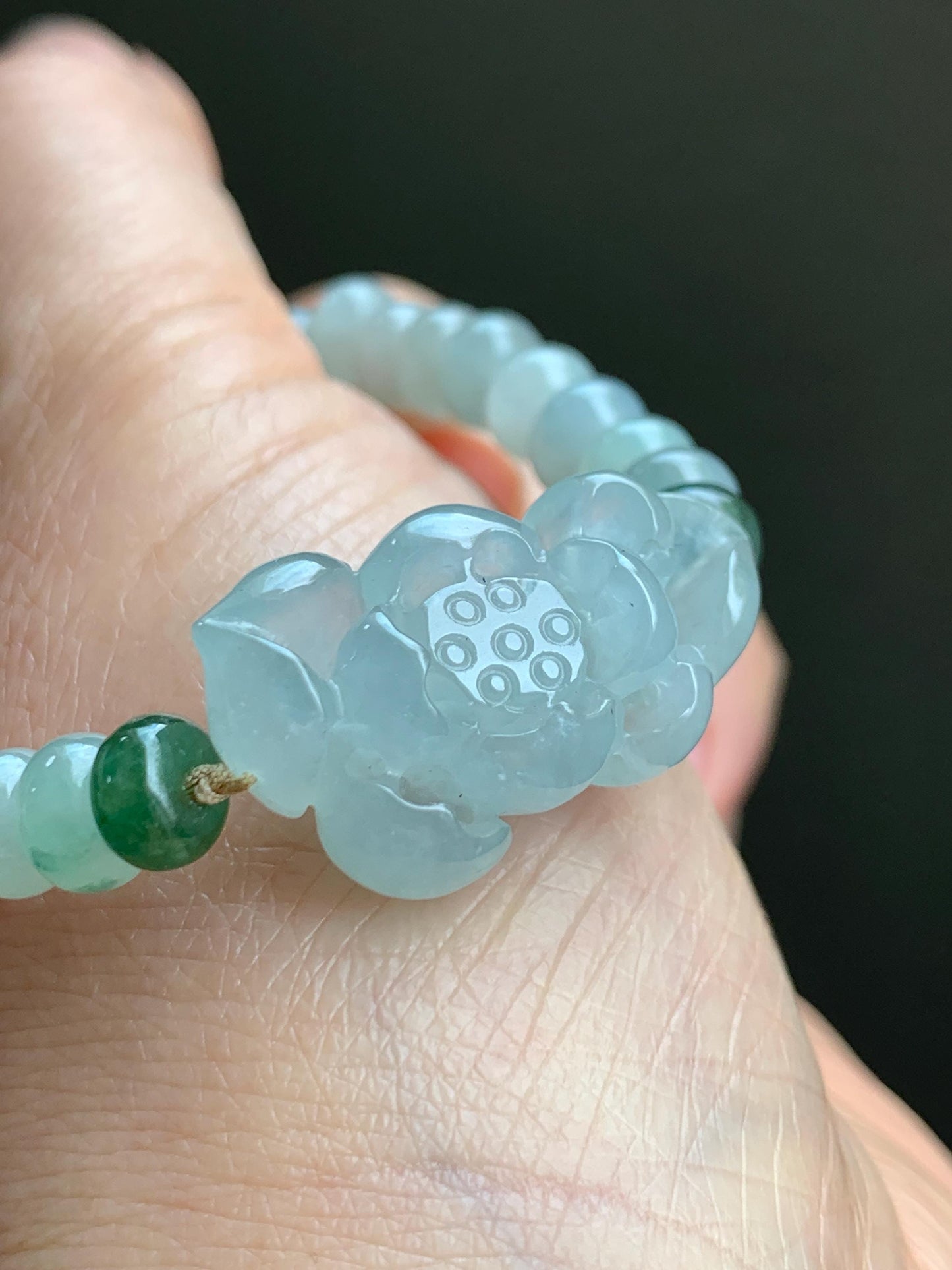 Certified Natural Grade A Icy Highly Translucent Gelatinous Light Green Jadeite Lotus Flower Beaded Bracelet