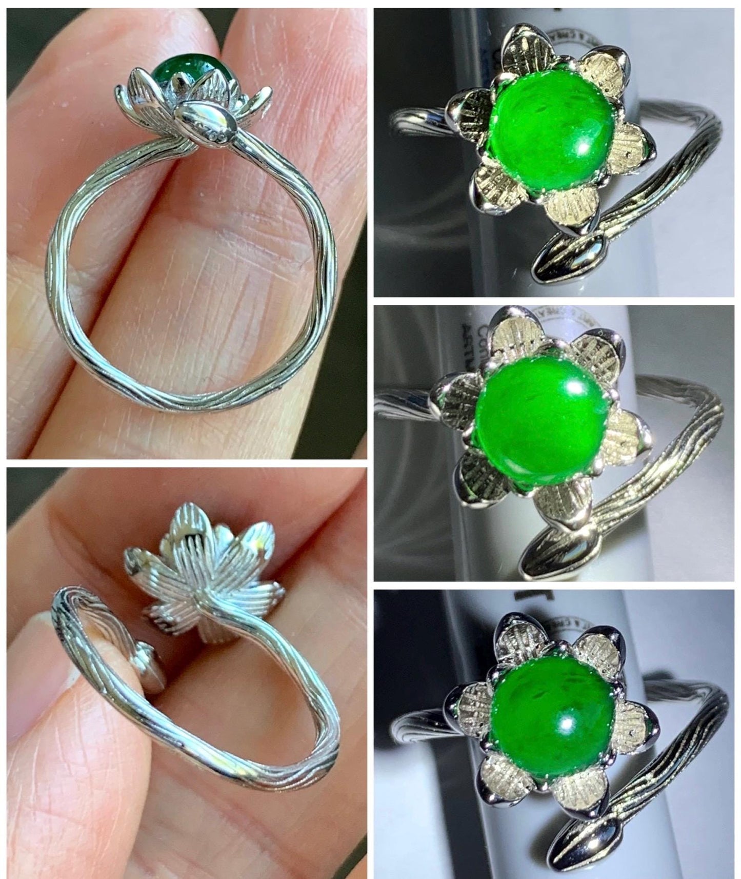 Natural Guatemalan Icy Translucent Vibrant Green Jadeite Solitaire Flower Open Band Ring Sterling Silver Adjustable 天然冰危绿翡翠莲花开口银镶戒指 WLH98