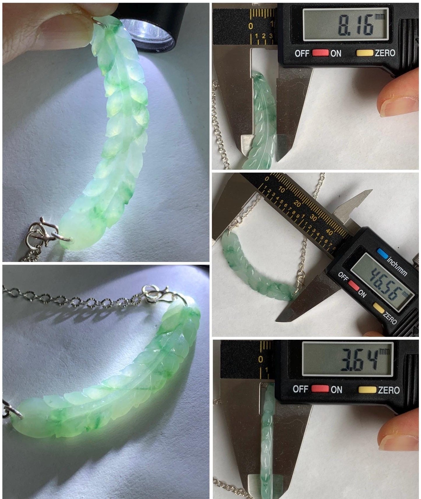 Natural Icy Translucent Gelatinous Light Green Marbled Jadeite Carved Feather Pendant 999 Sterling Silver Necklace 21” 6g 天然冰胶飘花翡翠羽毛玉横足银项链